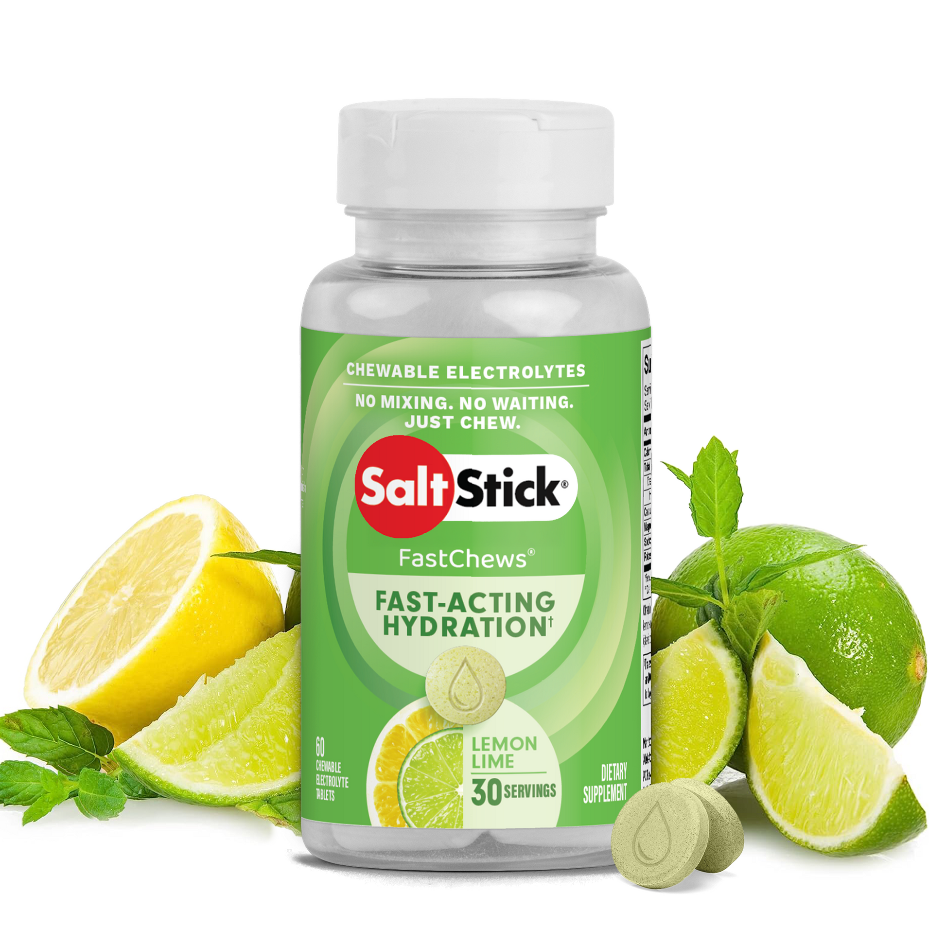 SaltStick FastChews Chewable Electrolyte Tablets Lemon-Lime Bottle of 60