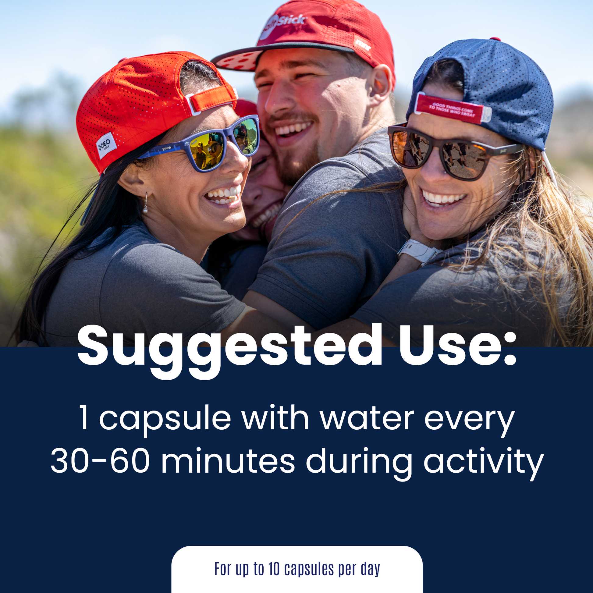 Suggested use: 1 capsule with water every 30-60 minutes during activity