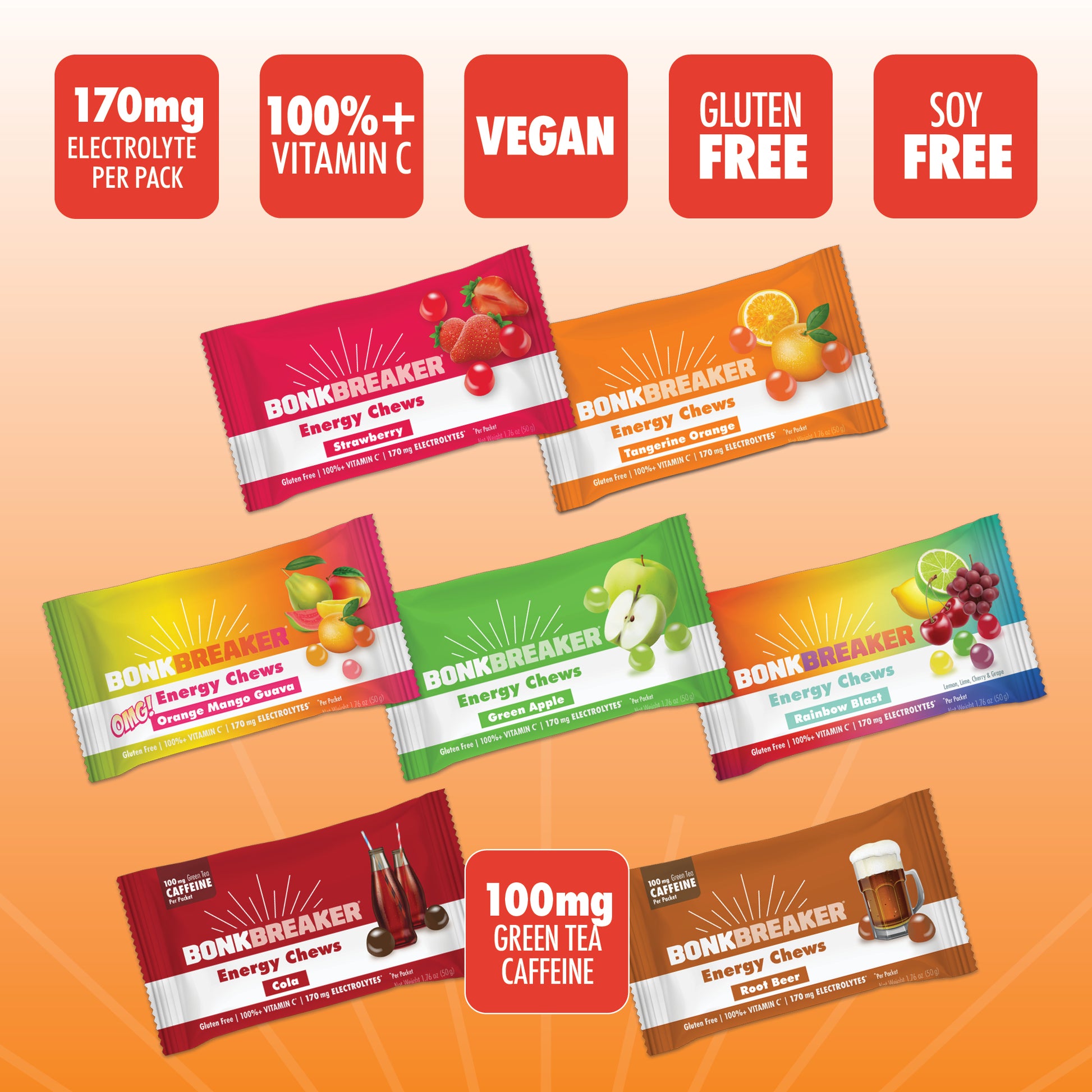 Energy Chews have electrolytes, Vitamin C, and are vegan, gluten free, soy free.