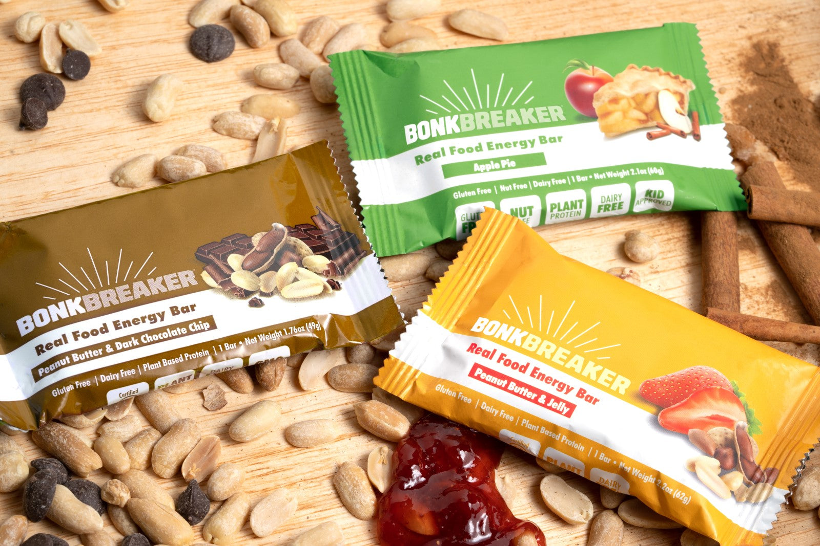 Bonk Breaker Energy Bars on a table with natural ingredients.