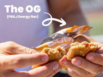 "The OG" with arrow pointing to someone breaking open a PB&J energy bar