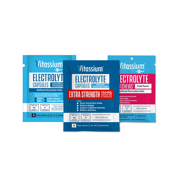 Photo of Vitassium sample pack with sample packets of 8 count Capsules, four count Extra Strength Capsules and 4 count Fruit Punch Fastchews