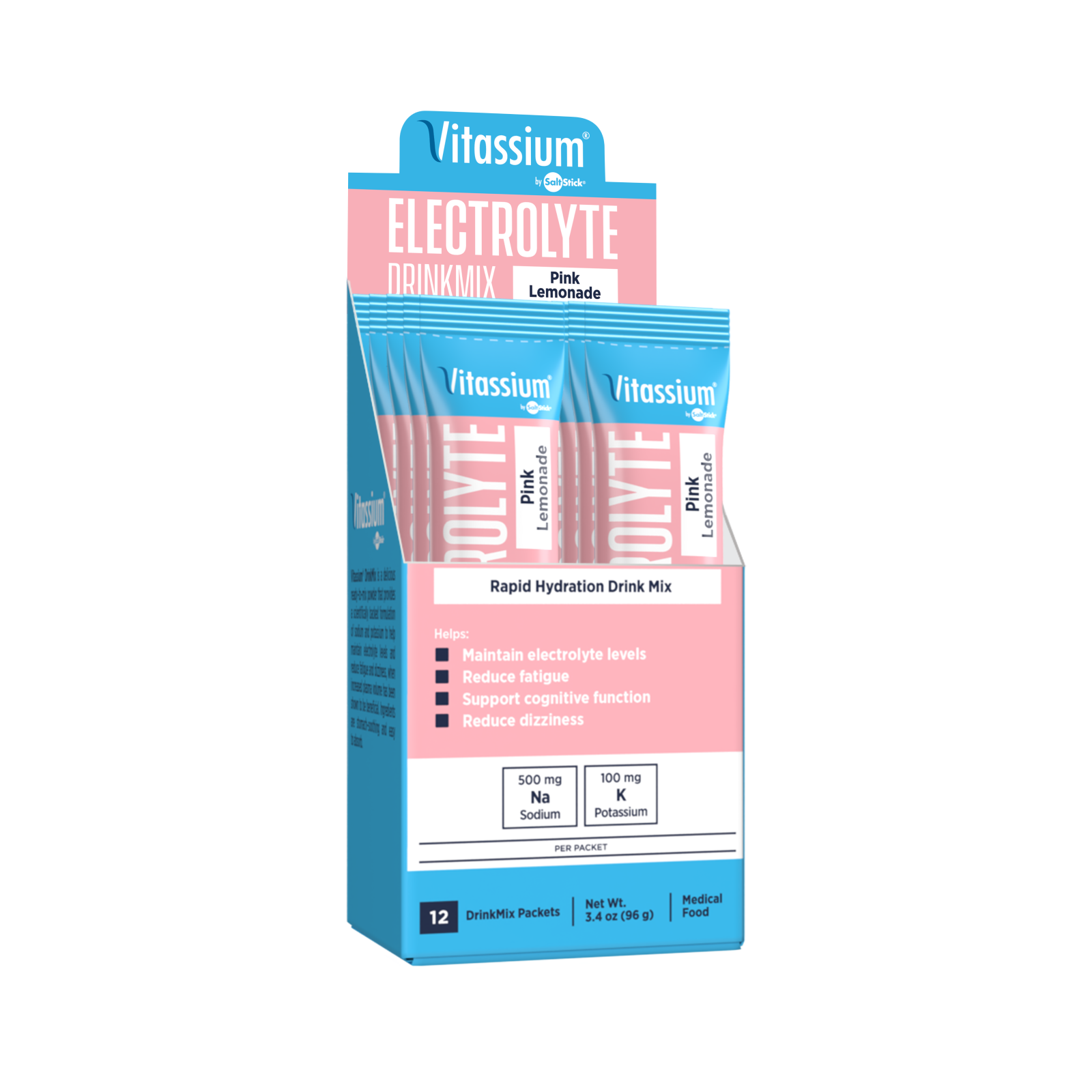 Vitassium Electrolyte Drink Mix Pink Lemonade box of 12 stick packets