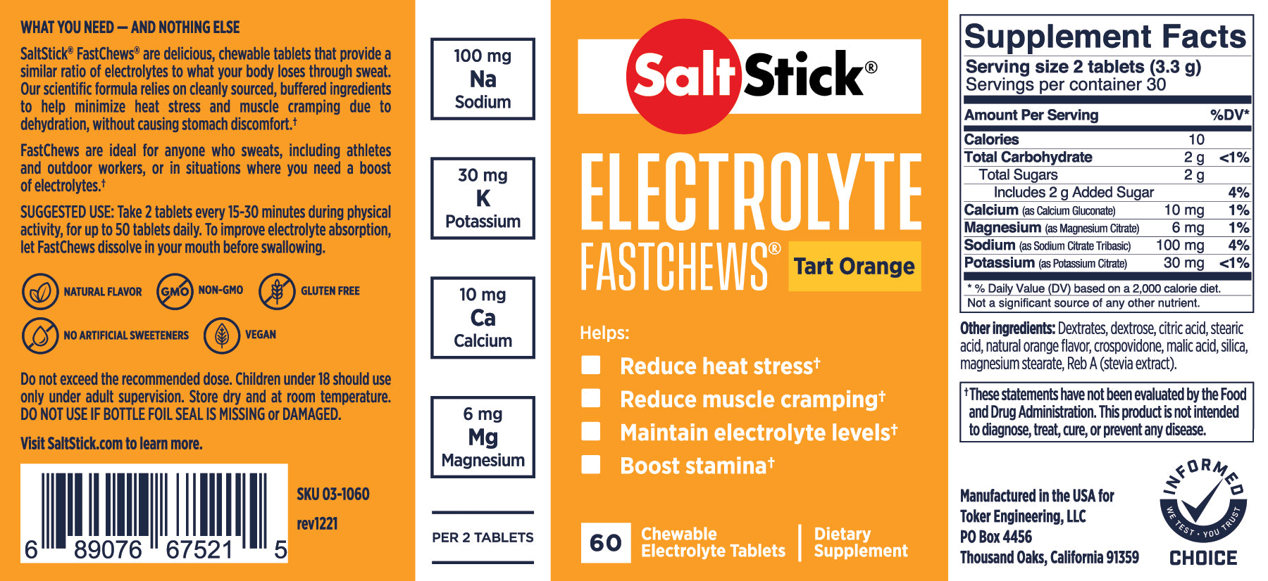 SaltStick FastChews Chewable Electrolyte Tablets Tart Orange Label