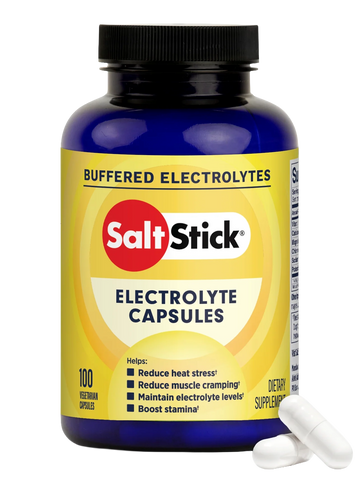 SaltStick electrolyte capsules bottle with yellow label on a white background