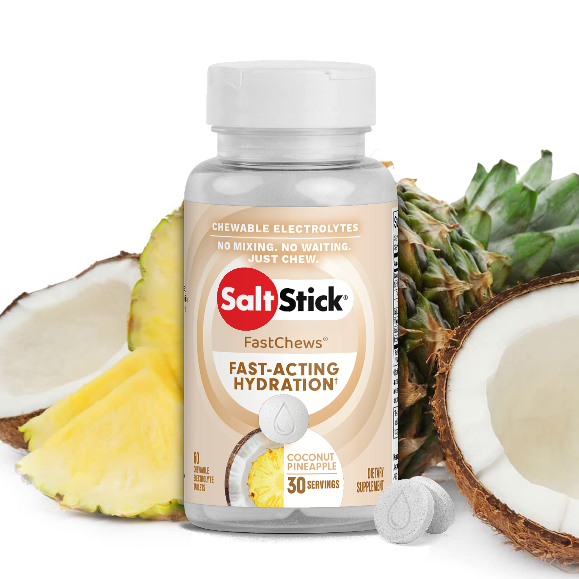 SaltStick FastChews Chewable Electrolyte Tablets Coconut Pineapple Bottle of 60
