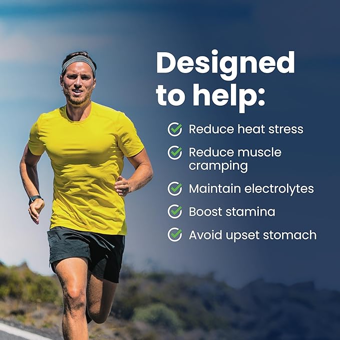 Designed to help reduce heat stress, reduce muscle cramping, maintain electrolytes, boost stamina and avoid upset stomach 