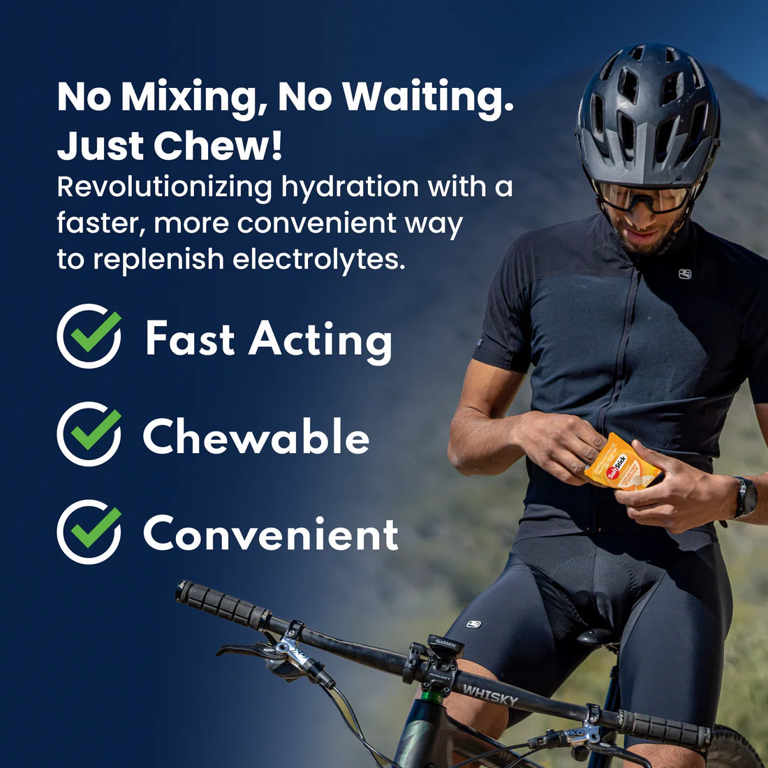 Person on a bicycle with text about a faster, more convenient way to replenish electrolytes.
