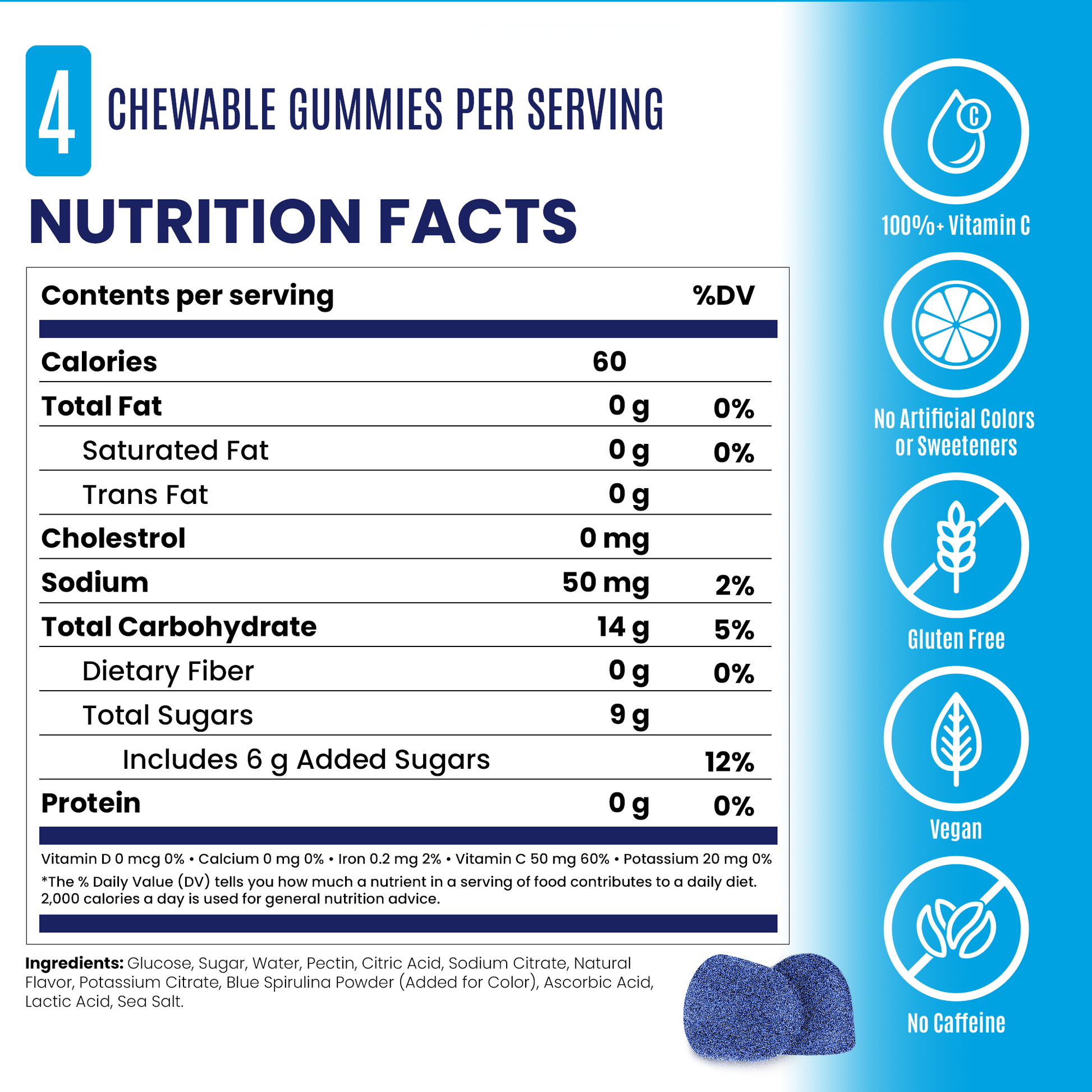 sour blue razz energy gummies - nutrition facts panel