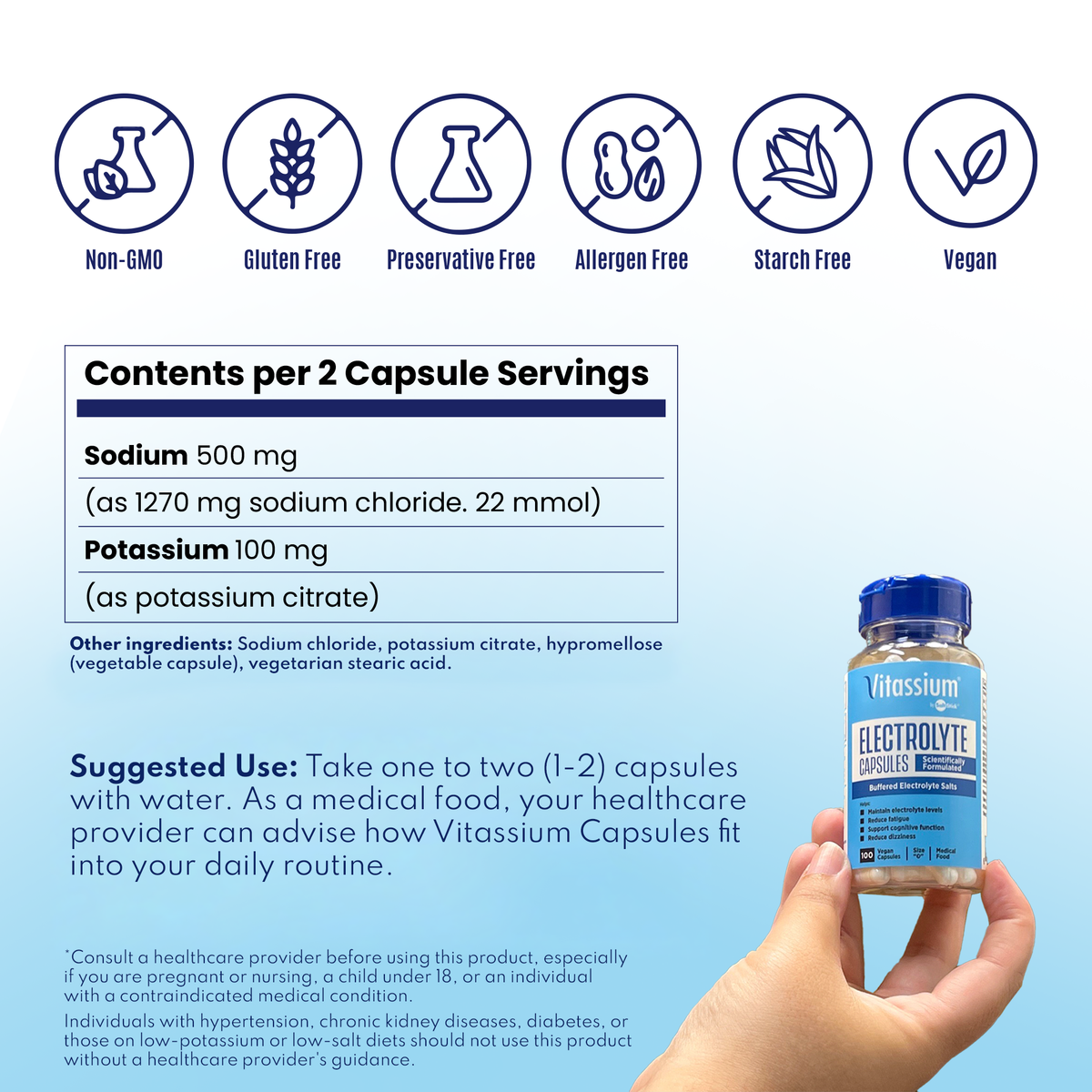 Contents per 2 capsule serving - 500 mg sodium and 100 mg potassium