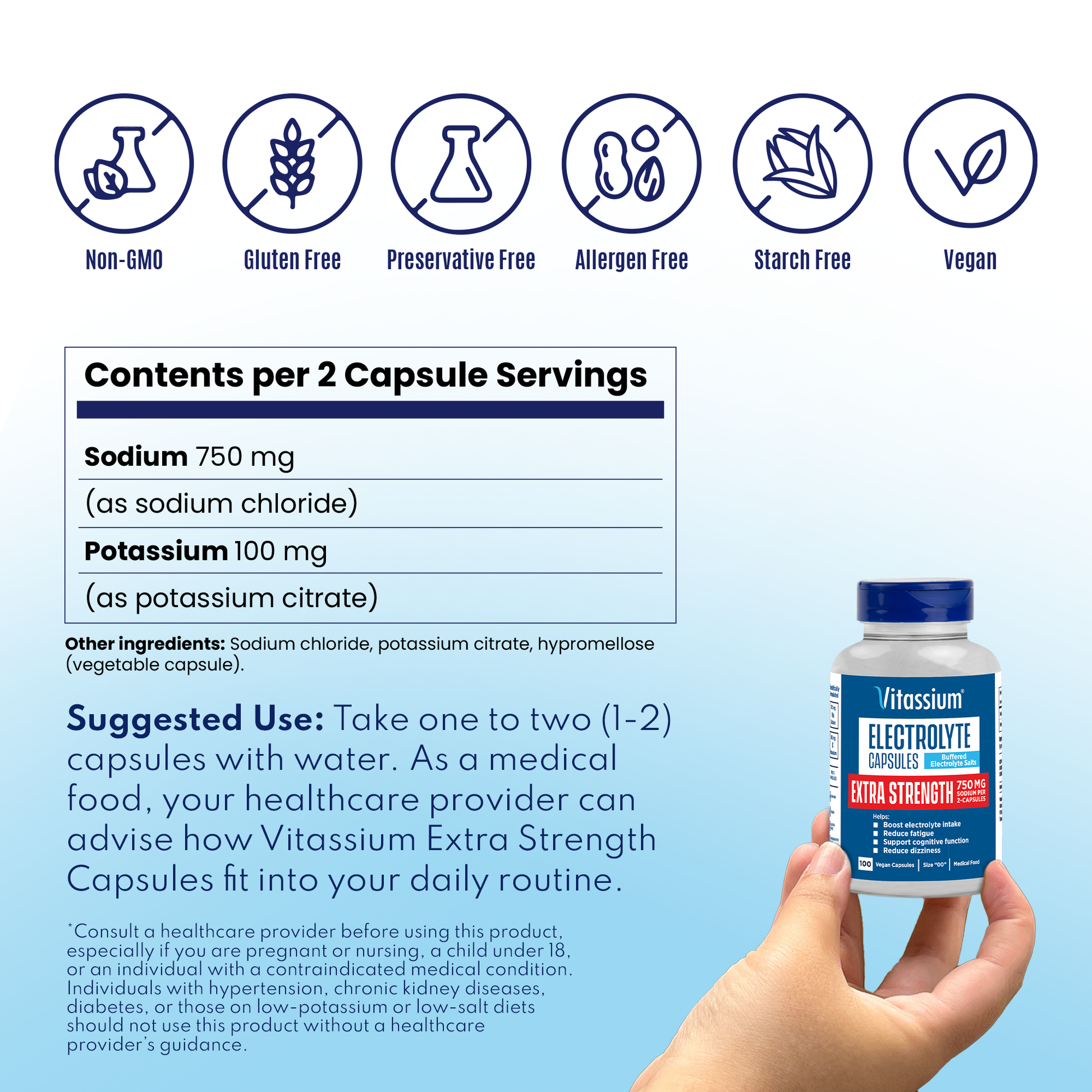  Vitassium Extra Strength Capsules are non-GMO, gluten free, preservative free, allergen free, starch free, and vegan. Contents per 2-capsule serving include 750mg of sodium (as sodium chloride) and 100mg of potassium (as potassium citrate). Other ingredients include sodium chloride, potassium citrate, and hypromellose (vegetable capsule). Suggested use: As a medical food, your healthcare provider can advise how Vitassium Extra Strength Capsules fit into your daily routine.