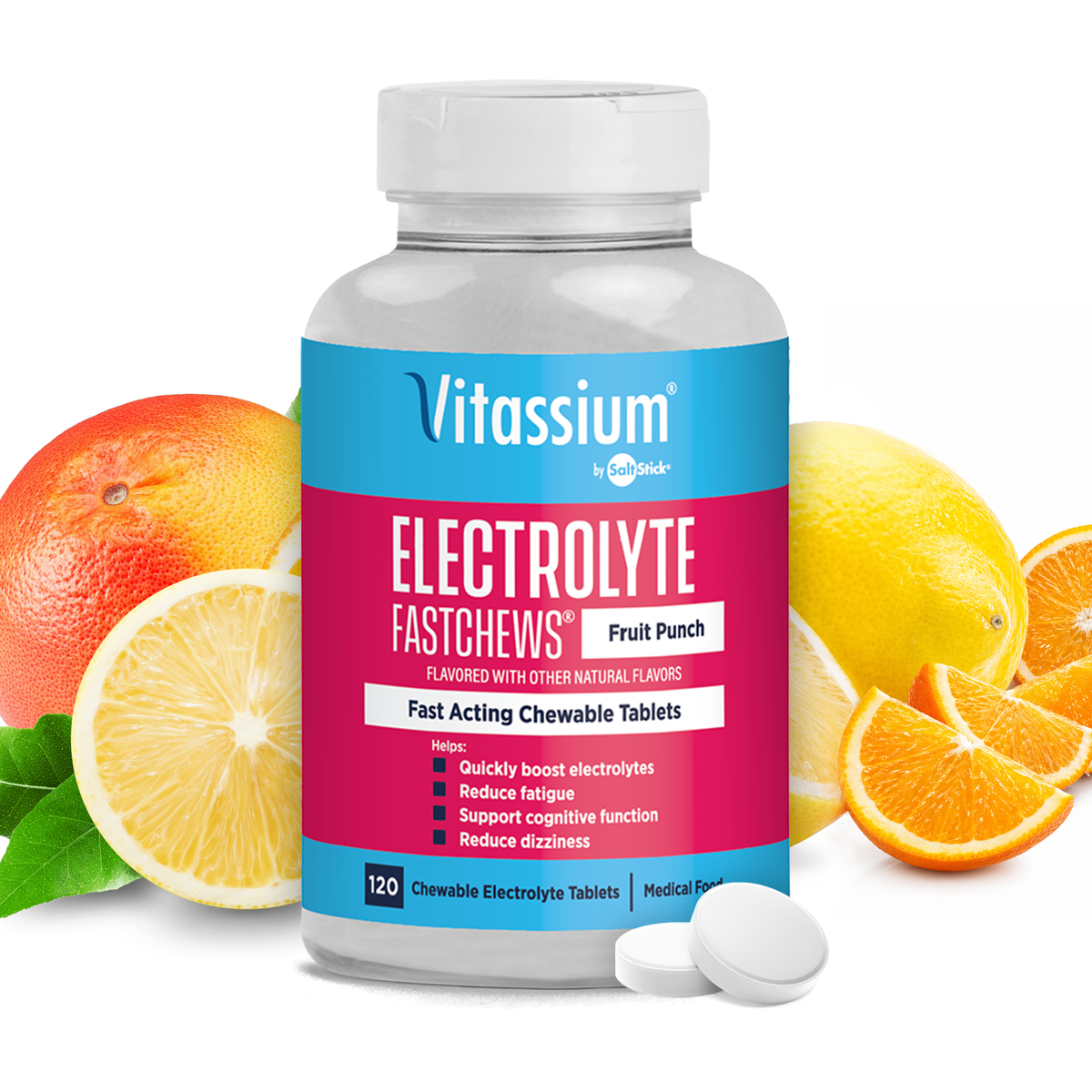 A 120ct bottle of Vitassium Fruit Punch Flavor Fast-Acting Electrolyte FastChews for POTS.
