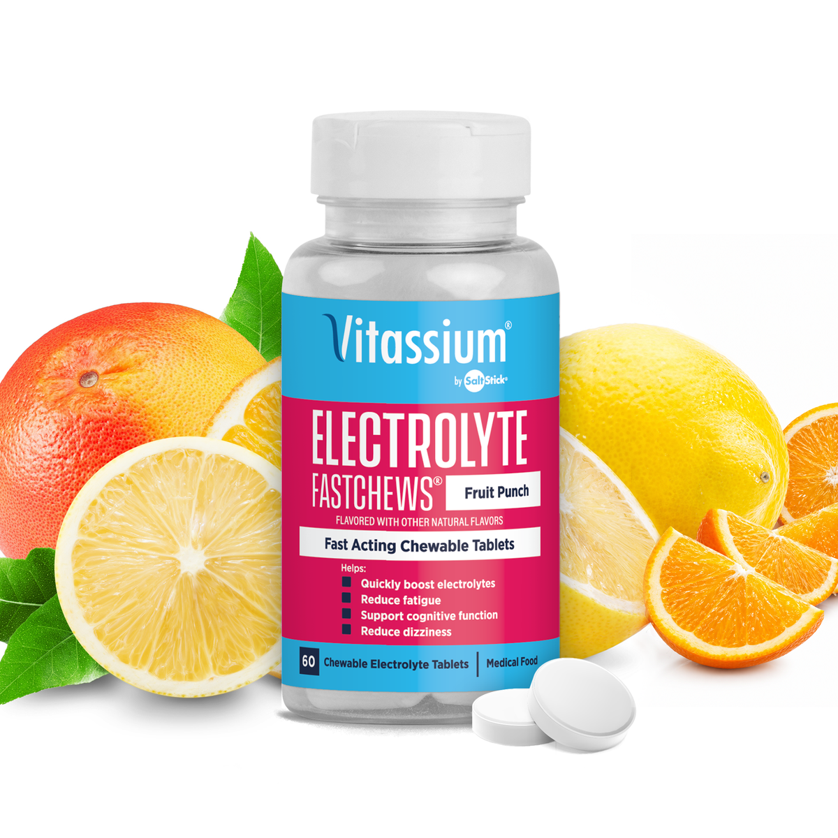 A 60ct bottle of Vitassium Fruit Punch Flavor Fast-Acting Electrolyte FastChews for POTS.