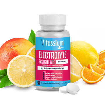A 60ct bottle of Vitassium Fruit Punch Flavor Fast-Acting Electrolyte FastChews for POTS.