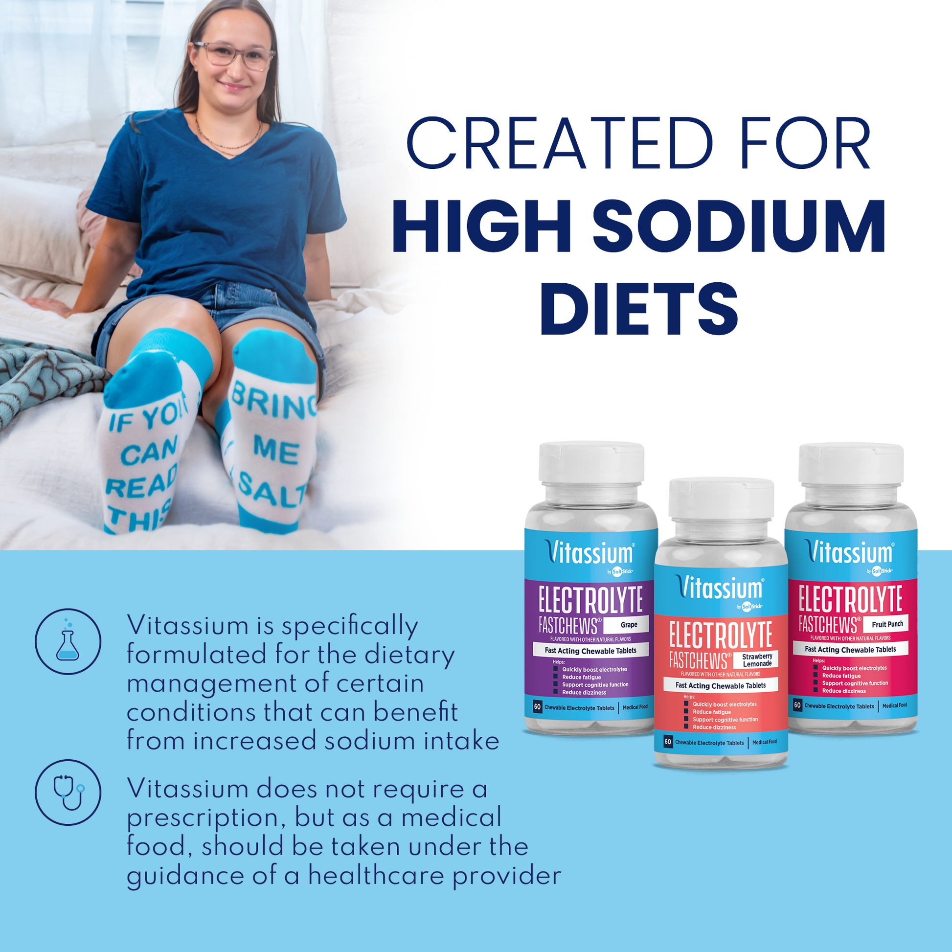 Person wearing blue socks with text and Vitassium electrolyte chewables on a white background
