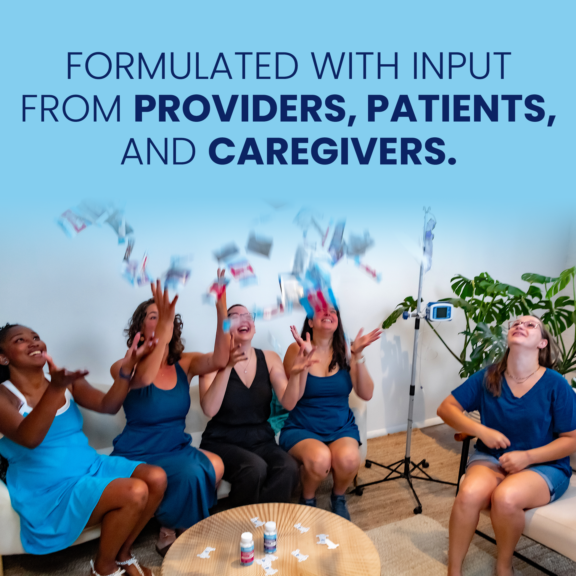 Group of people sitting together with text about input from providers, patients, and caregivers.