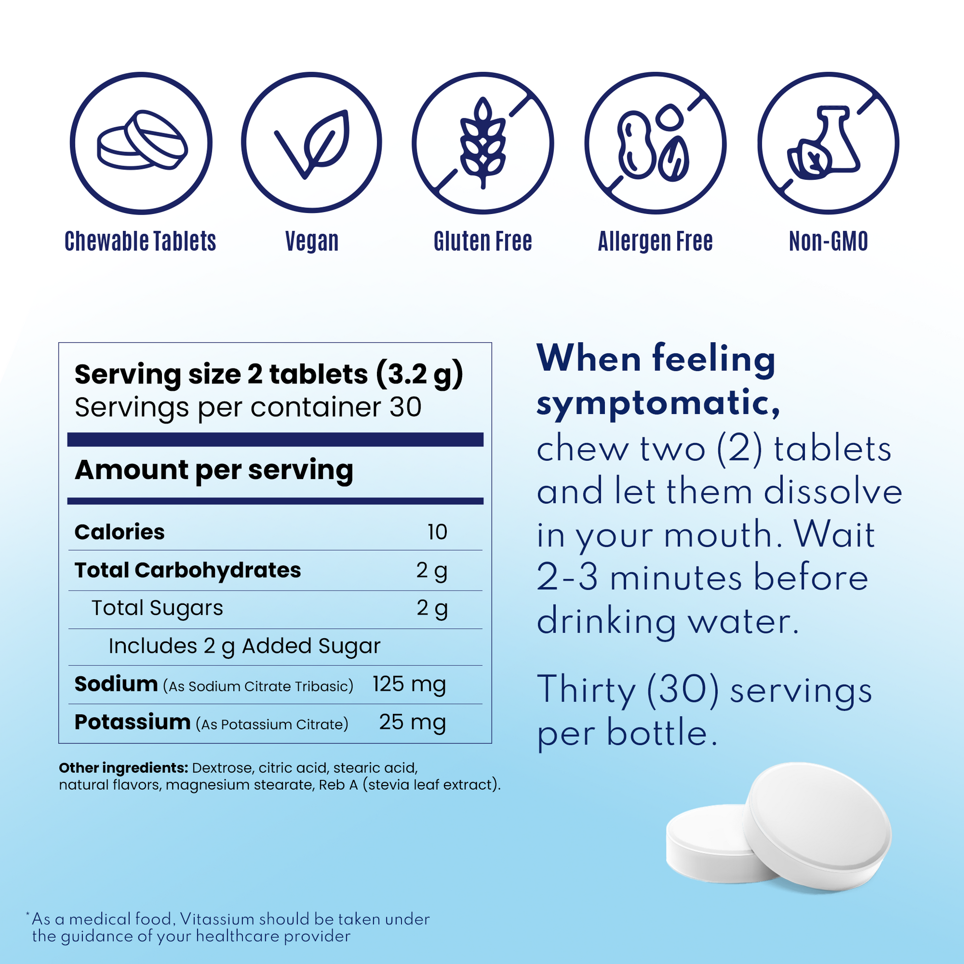 Product label with dietary information and usage instructions on a blue background