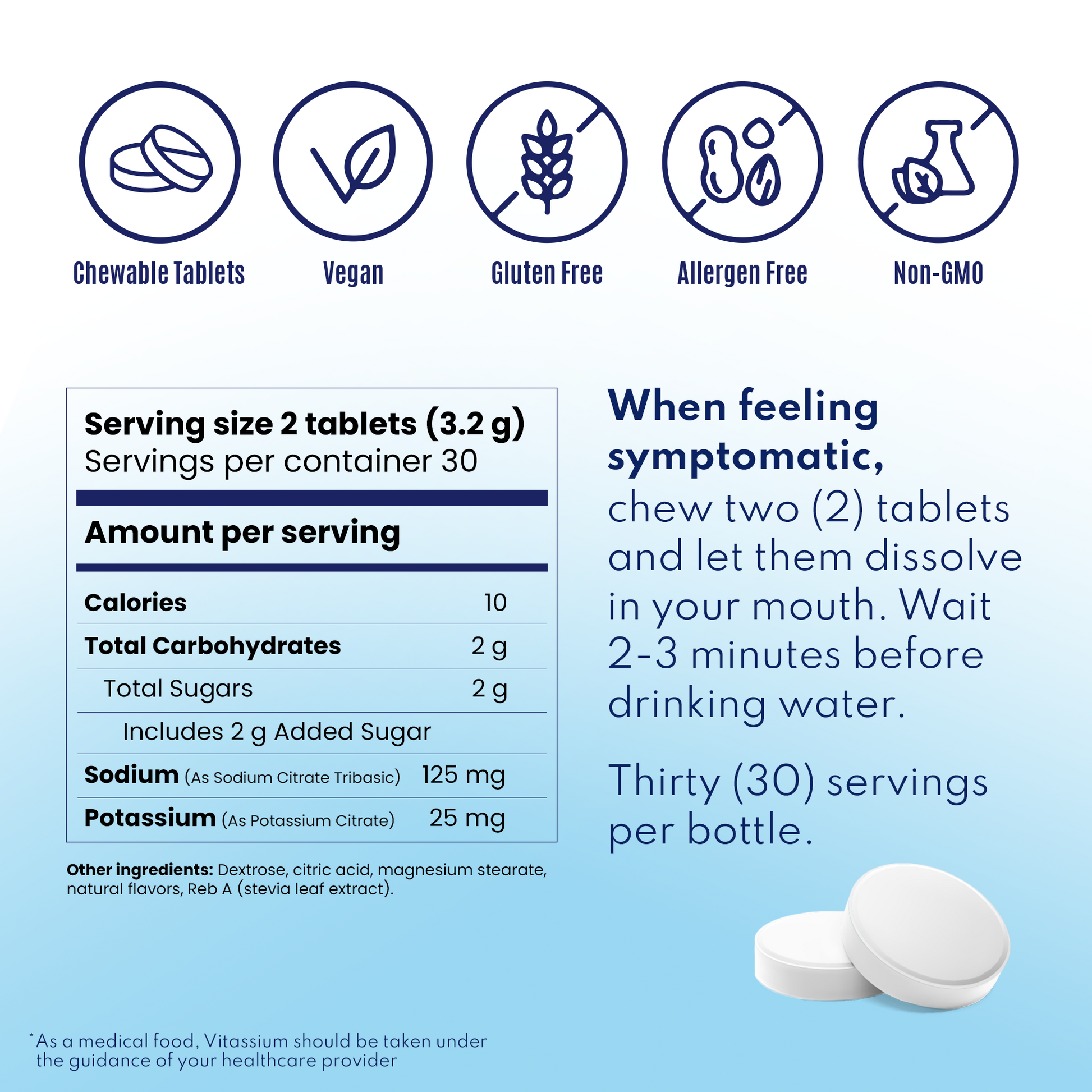 Product label with dietary information and usage instructions on a blue background