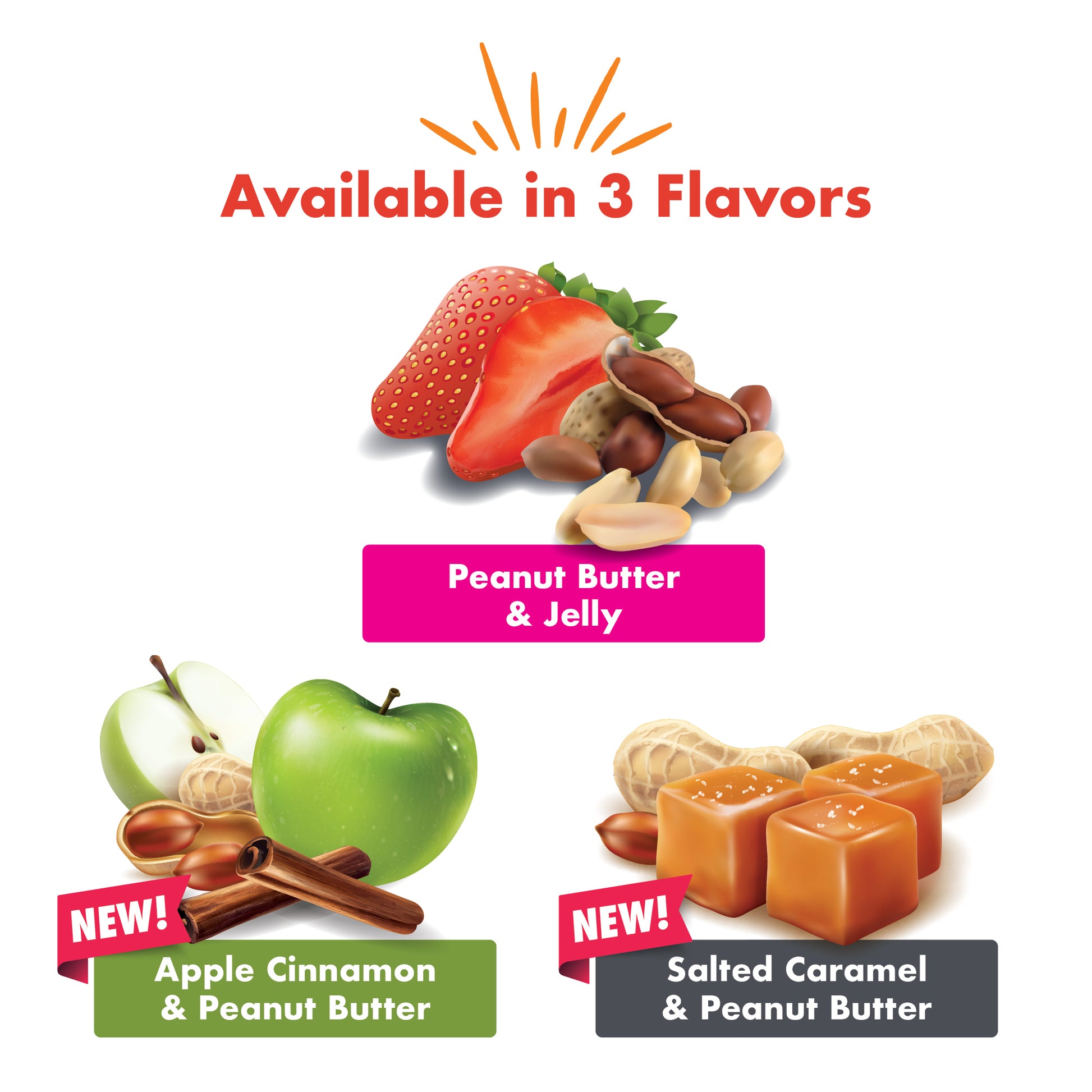 Plant Based Protein Bars are available in 3 flavors: Apple Cinnamon Peanut Butter, Salted Caramel Peanut Butter, and Peanut Butter & Jelly.