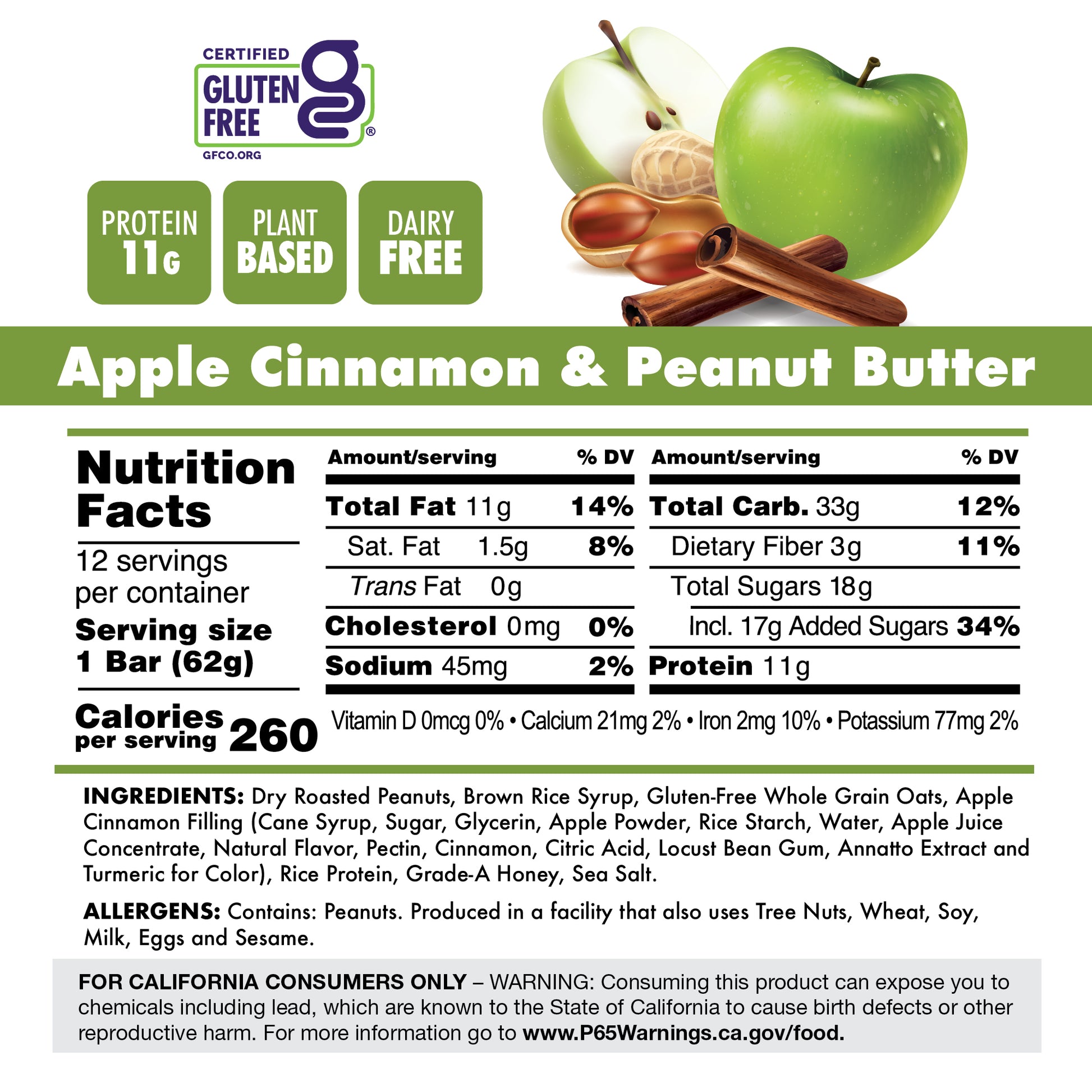 Apple Cinnamon & Peanut Butter Plant Protein Bar Nutrition Facts