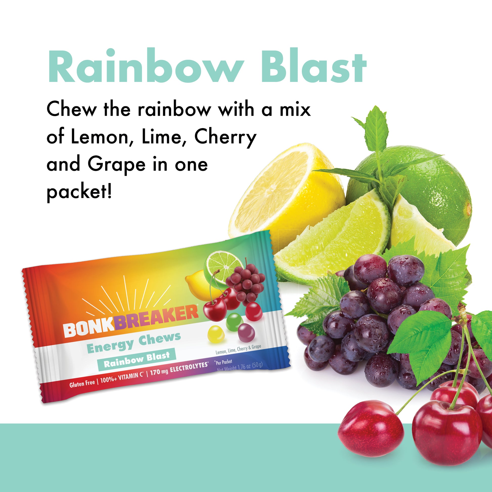 Rainbow Blast - Chew the rainbow with a mix of Lemon, Lime, Cherry, and Grape in one packet.