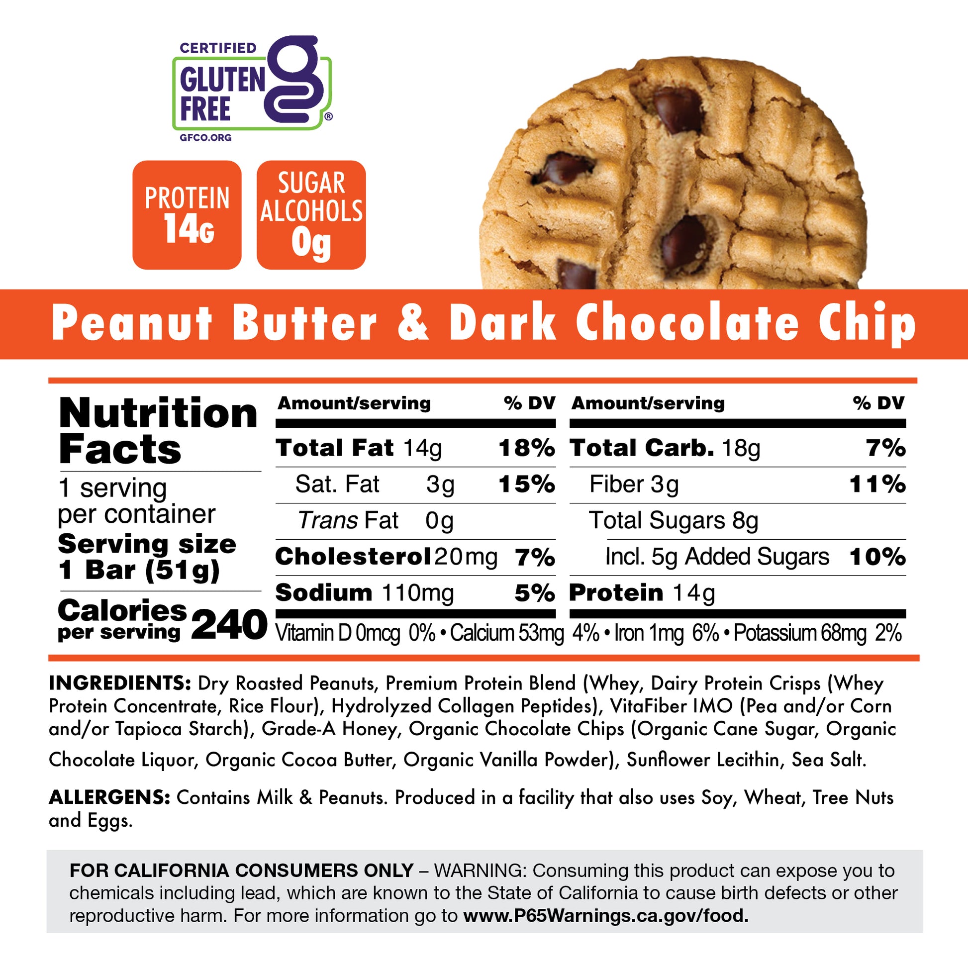 Peanut Butter & Dark Chocolate Chip Collagen Bar Nutrition Facts