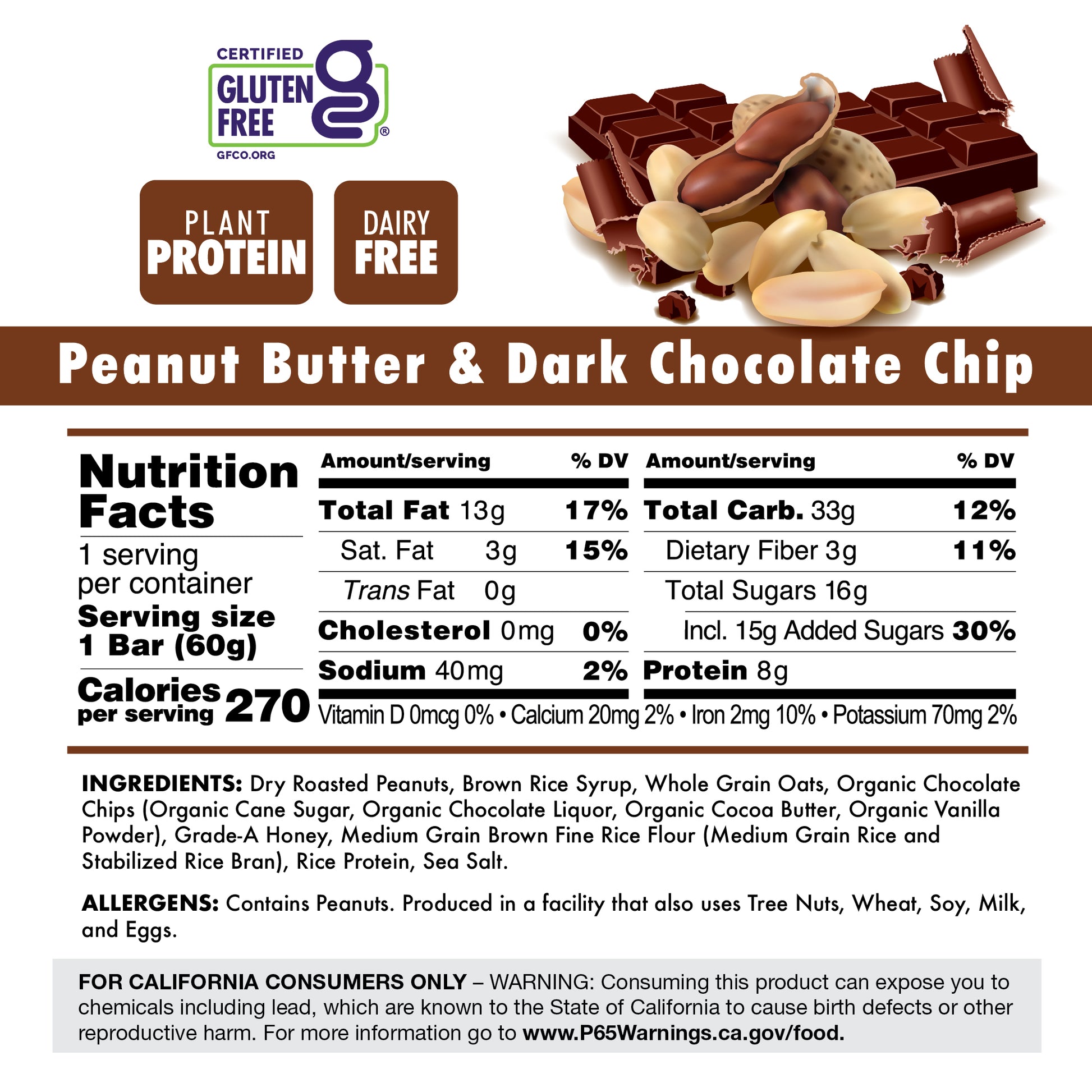 Peanut Butter & Dark Chocolate Chip Plant Protein Bar Nutrition Facts