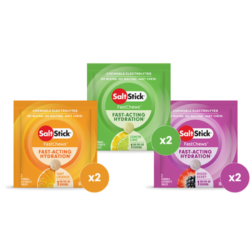 Three packages of SaltStick Fast-Acting Hydration chewables on a white background