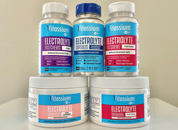 Vitassium DrinkMix tubs in two flavors, Electrolyte Capsules, and Electrolyte FastChews in two flavors.
