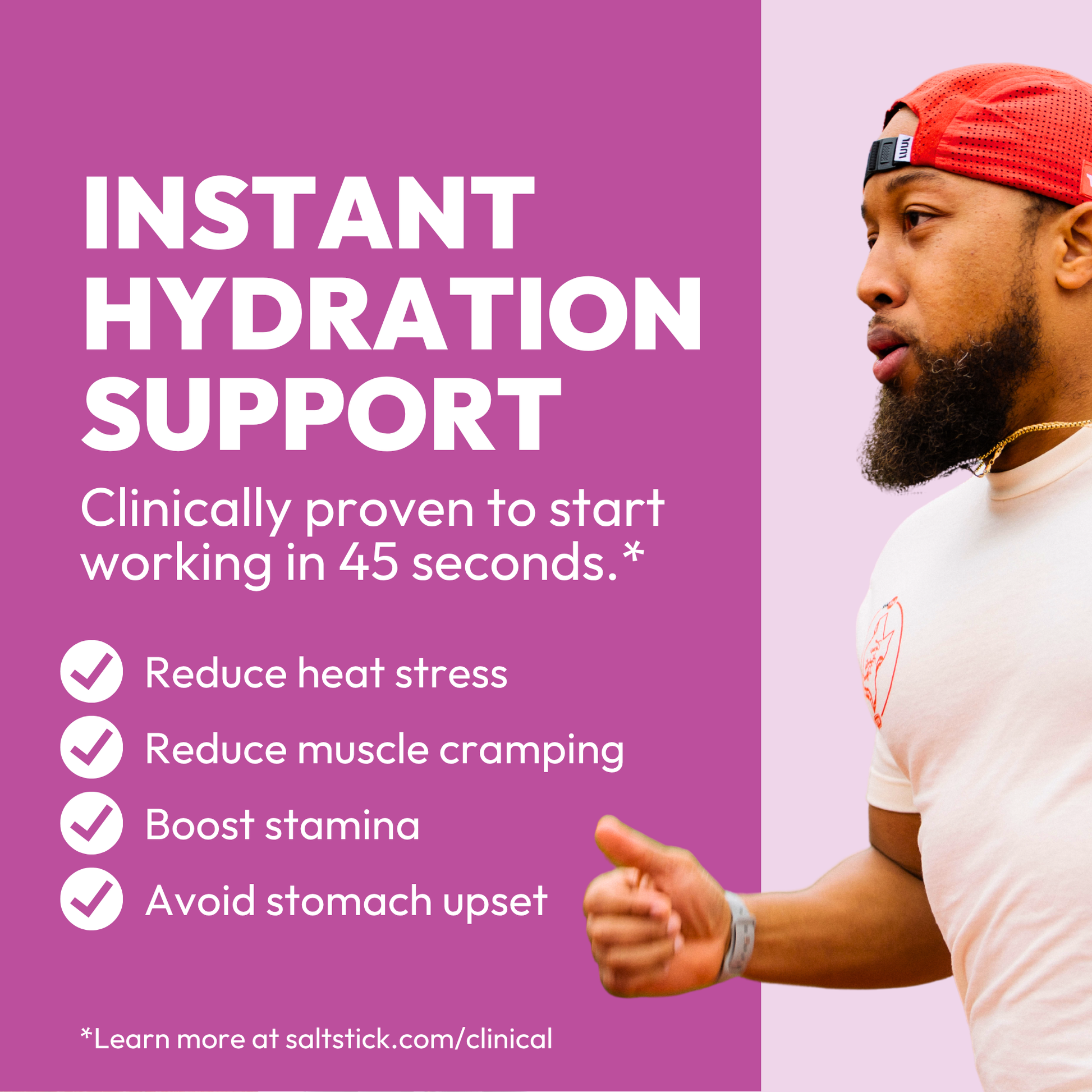 Advertisement for instant hydration support with a man exercising on a purple background