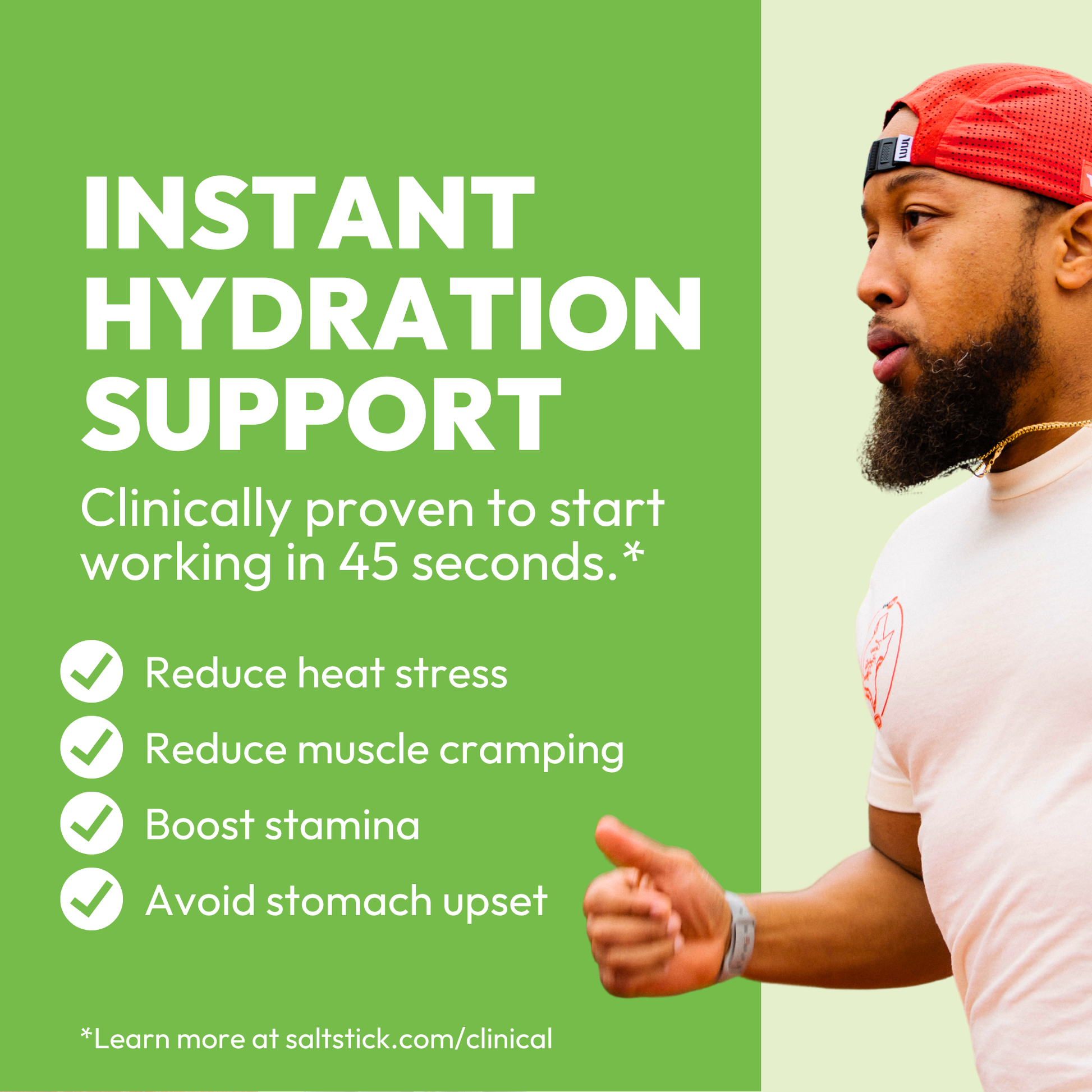 Advertisement for instant hydration support with a man exercising and text on a green background