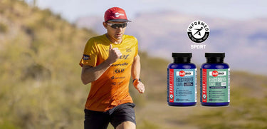 Bottles of Electrolyte Caps and Caps Plus in front of a runner wearing a SaltStick cap