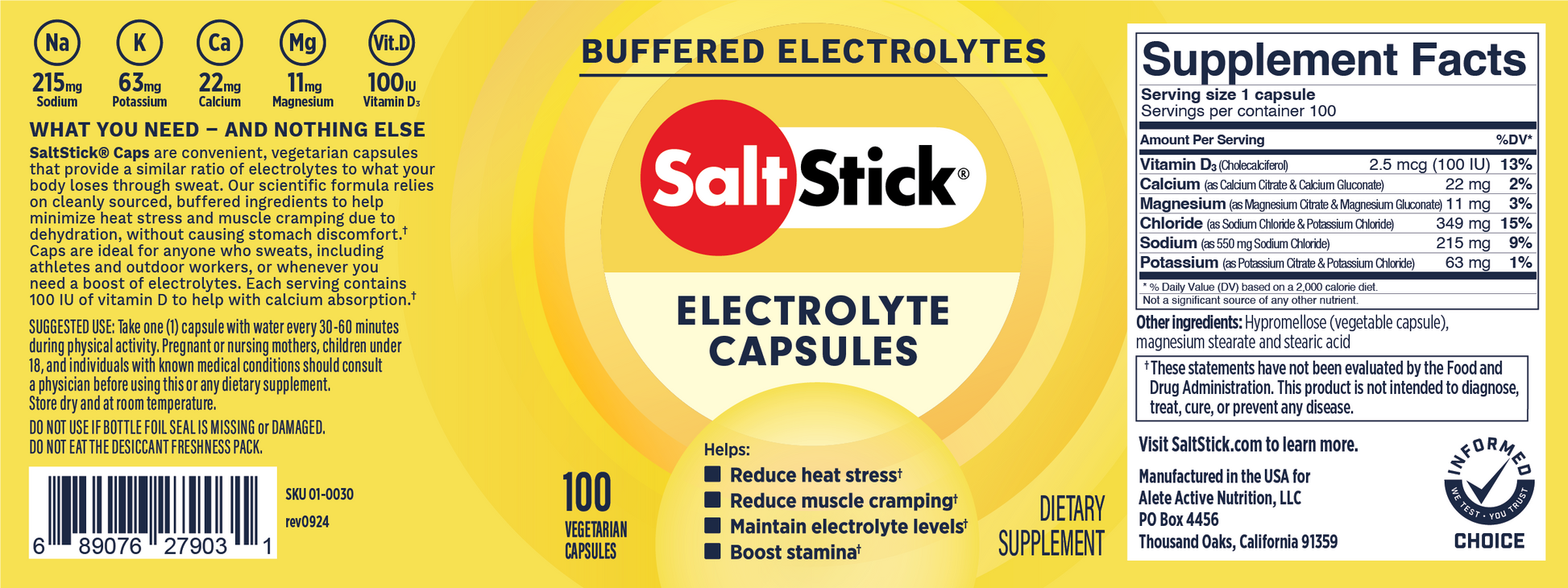 SaltStick Electrolyte Capsules Bottle of 100 Supplement Facts