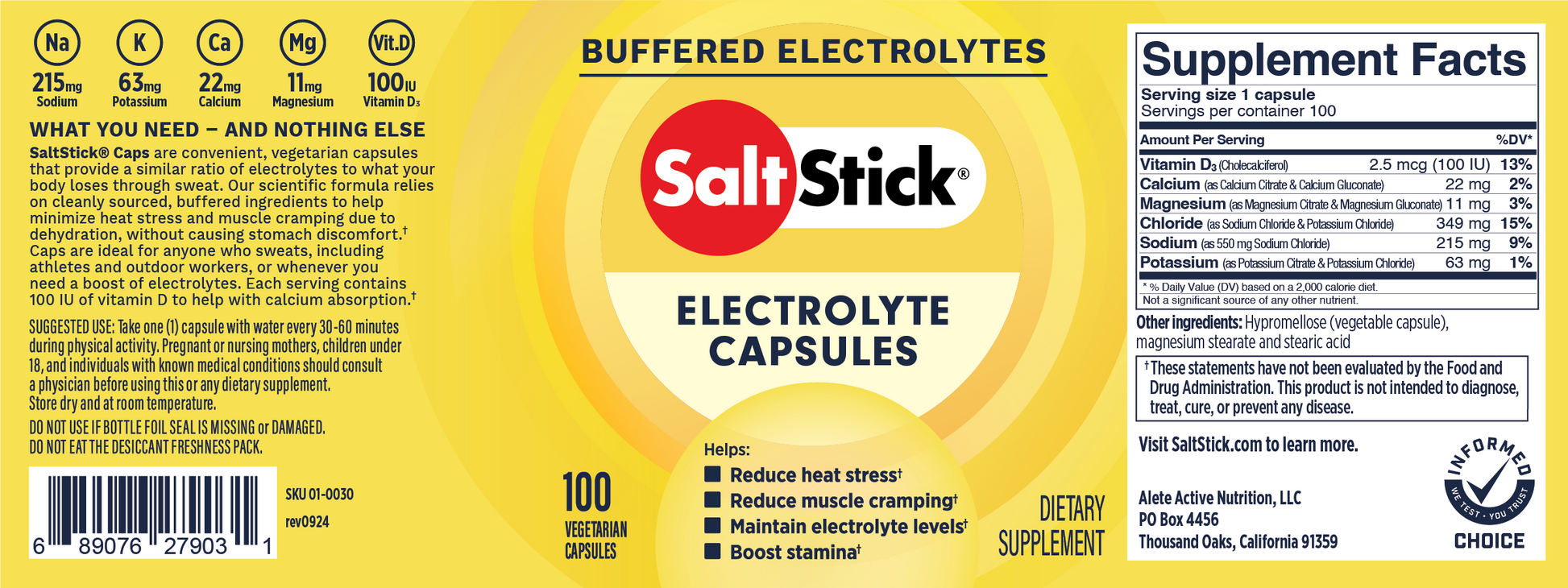 SaltStick Electrolyte Capsules Bottle of 100 Supplement Facts