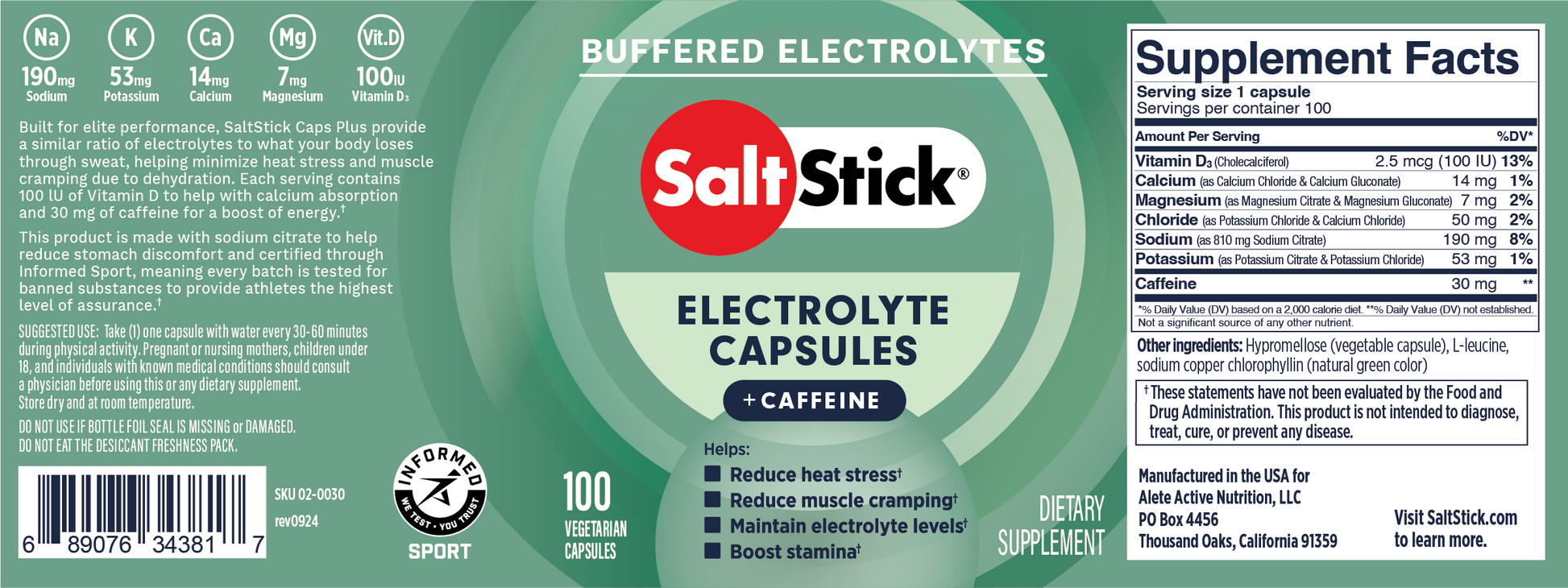 SaltStick Race Ready Electrolyte Caps Plus with Caffeine Label