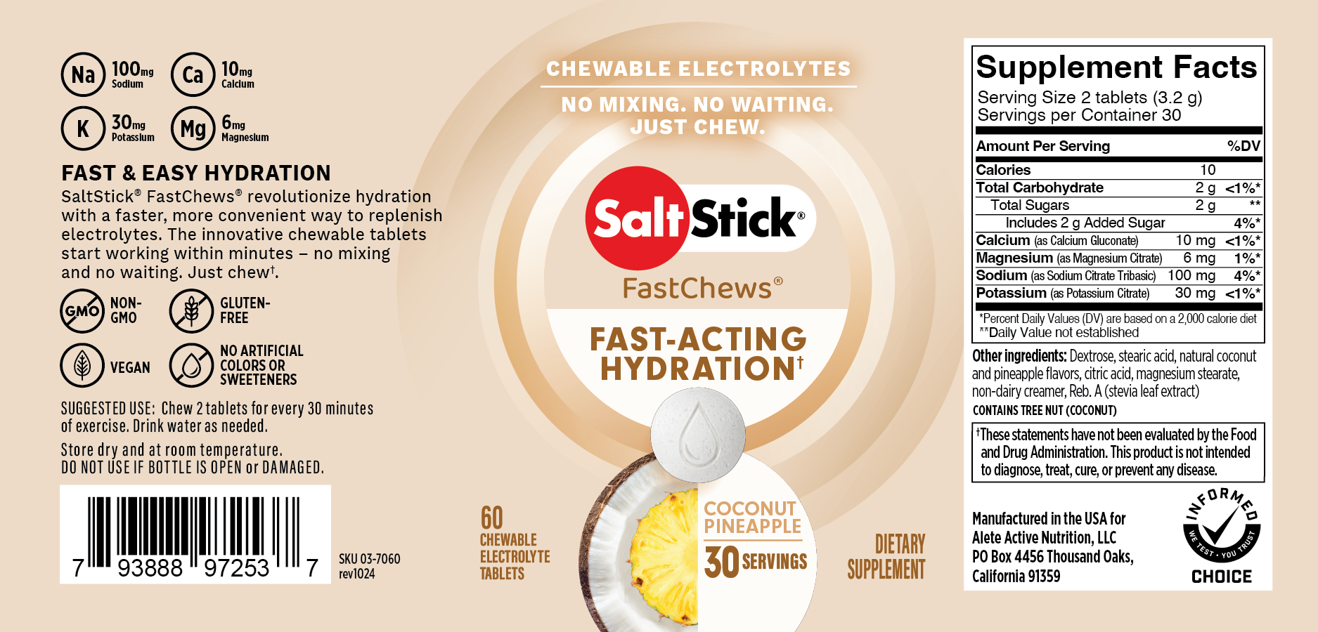 SaltStick FastChews Chewable Electrolyte Tablets Coconut Pineapple Label