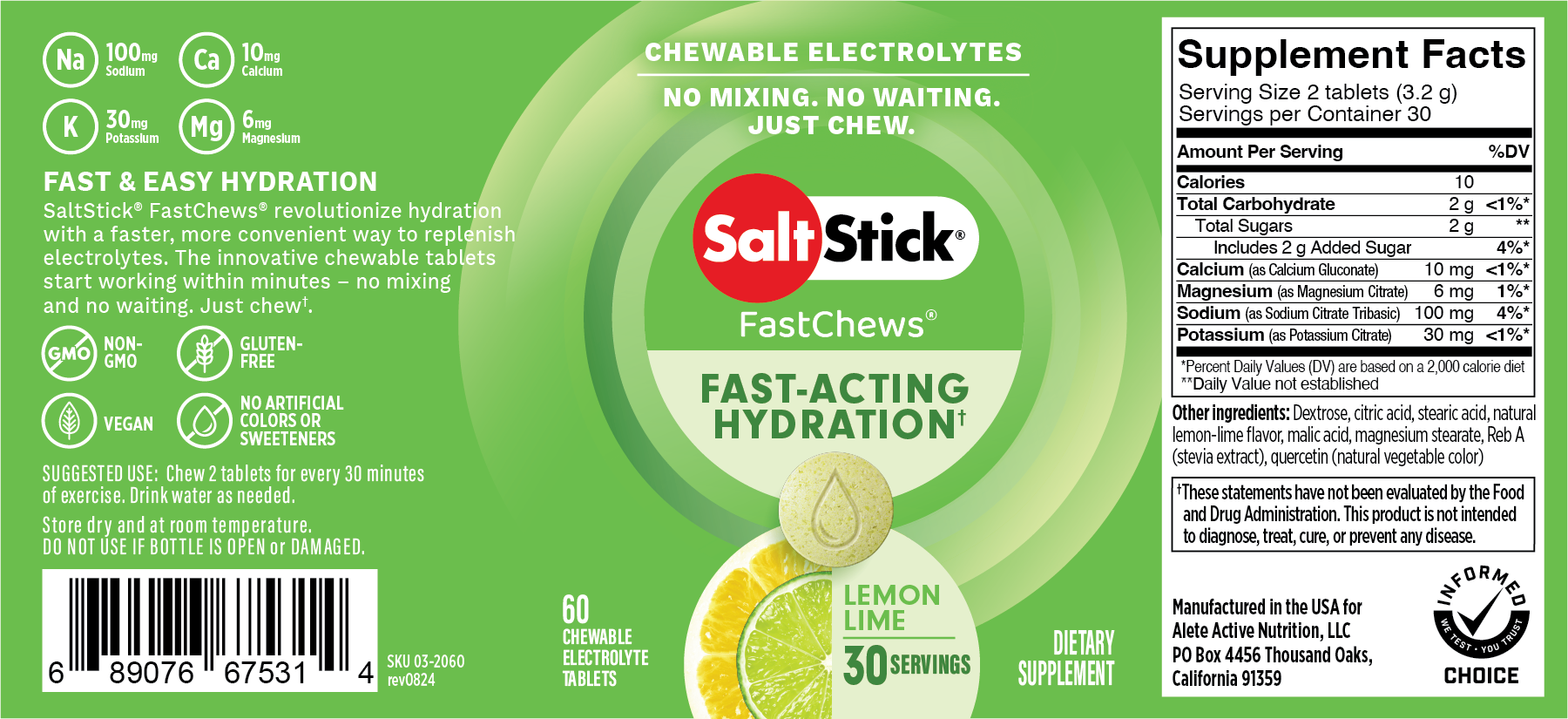 SaltStick FastChews Lemon Lime 60ct Bottle Label