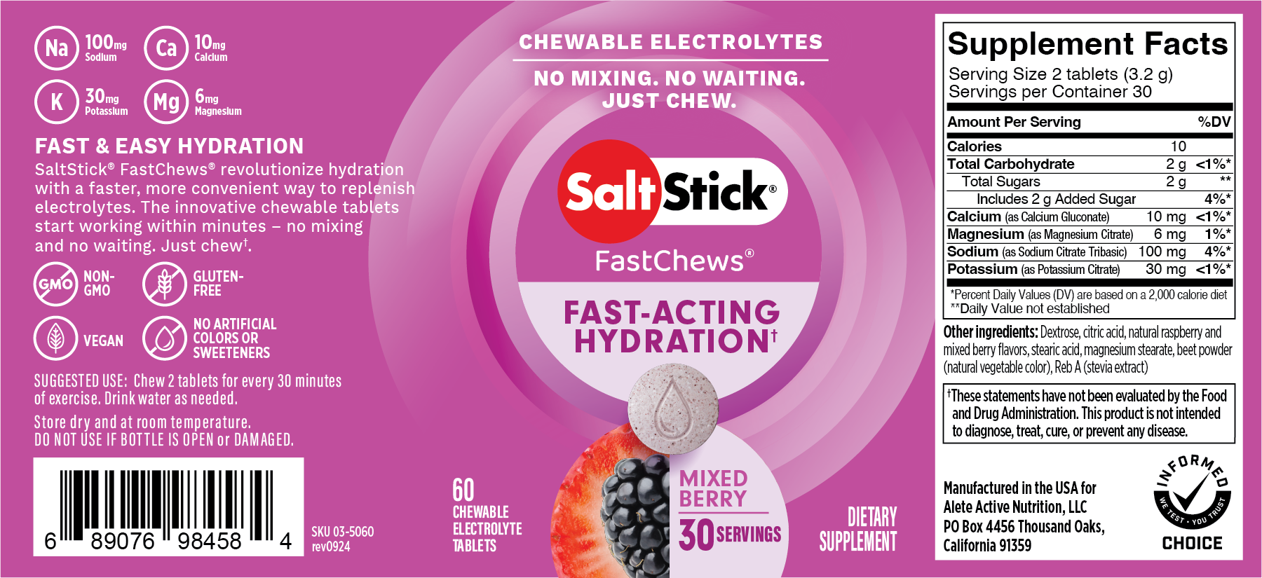 SaltStick FastChews Chewable Electrolyte Tablets Mixed Berry Label