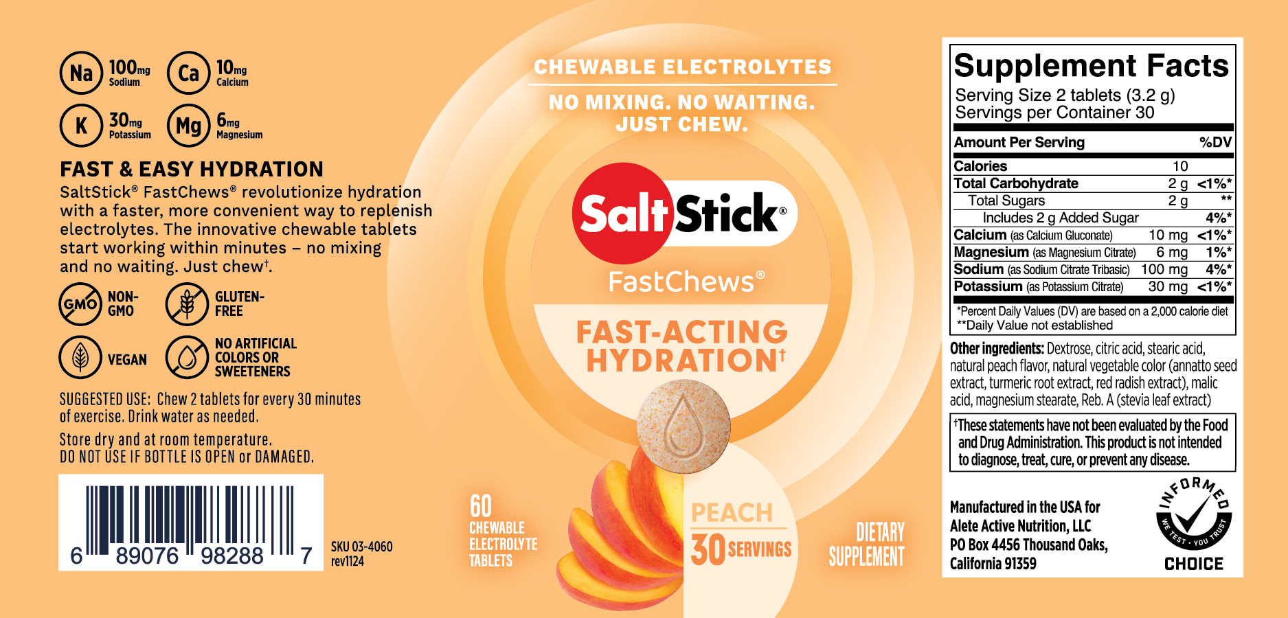 SaltStick FastChews Chewable Electrolyte Tablets Peach Label