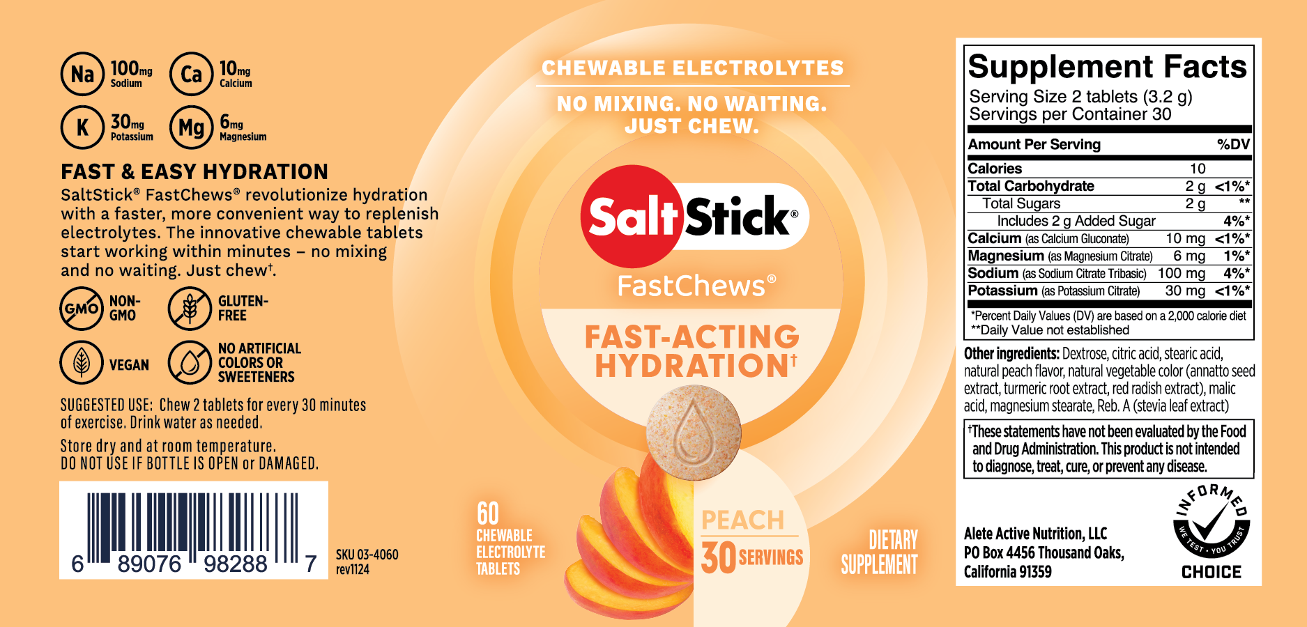SaltStick FastChews Chewable Electrolyte Tablets Peach Label