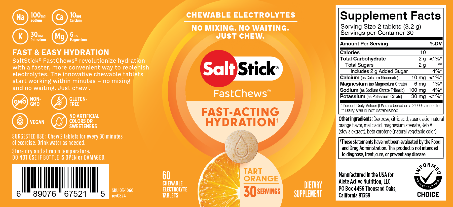 SaltStick FastChews Chewable Electrolyte Tablets Tart Orange Label