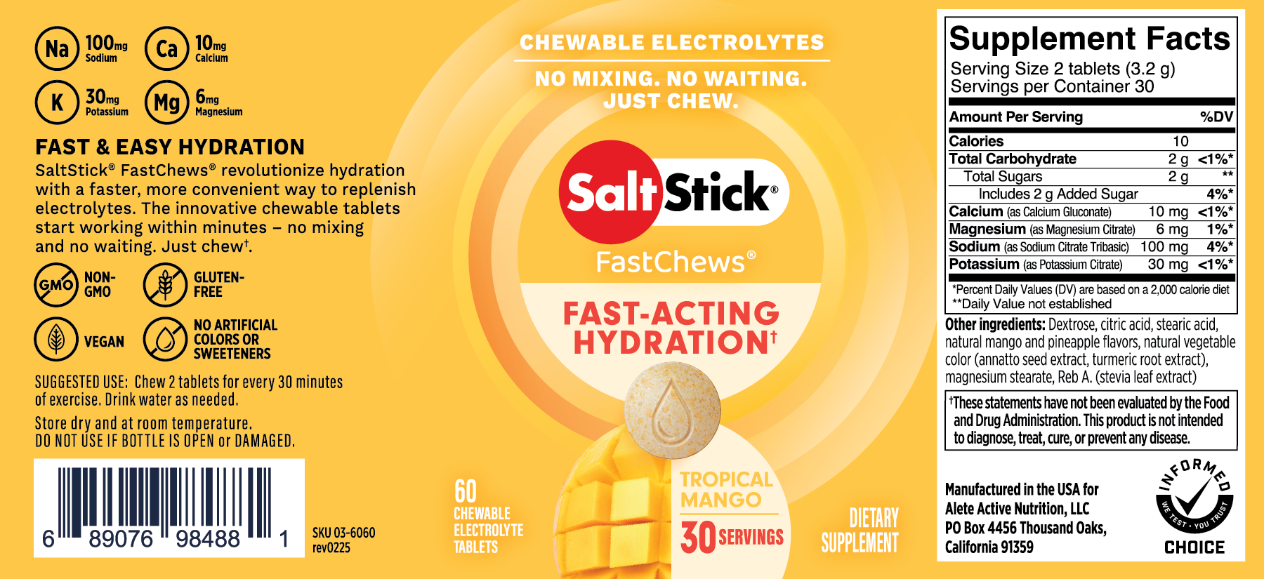 SaltStick FastChews Chewable Electrolyte Tablets Tropical Mango Label