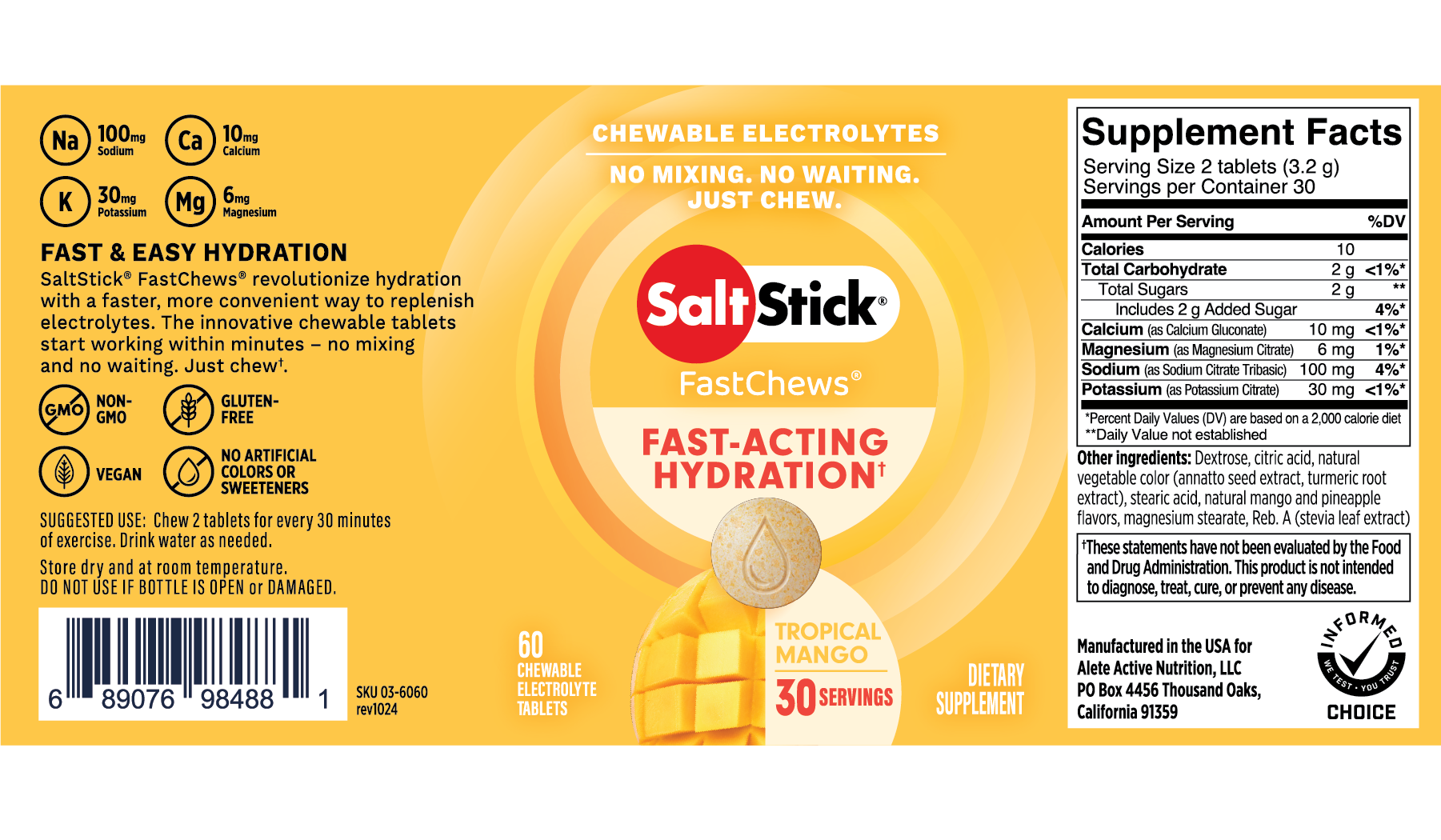 SaltStick FastChews Chewable Electrolyte Tablets Tropical Mango Label