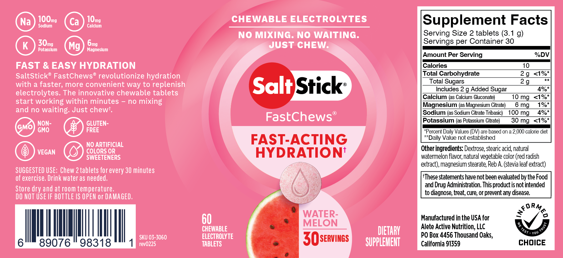 SaltStick FastChews Chewable Electrolyte Tablets Watermelon Label