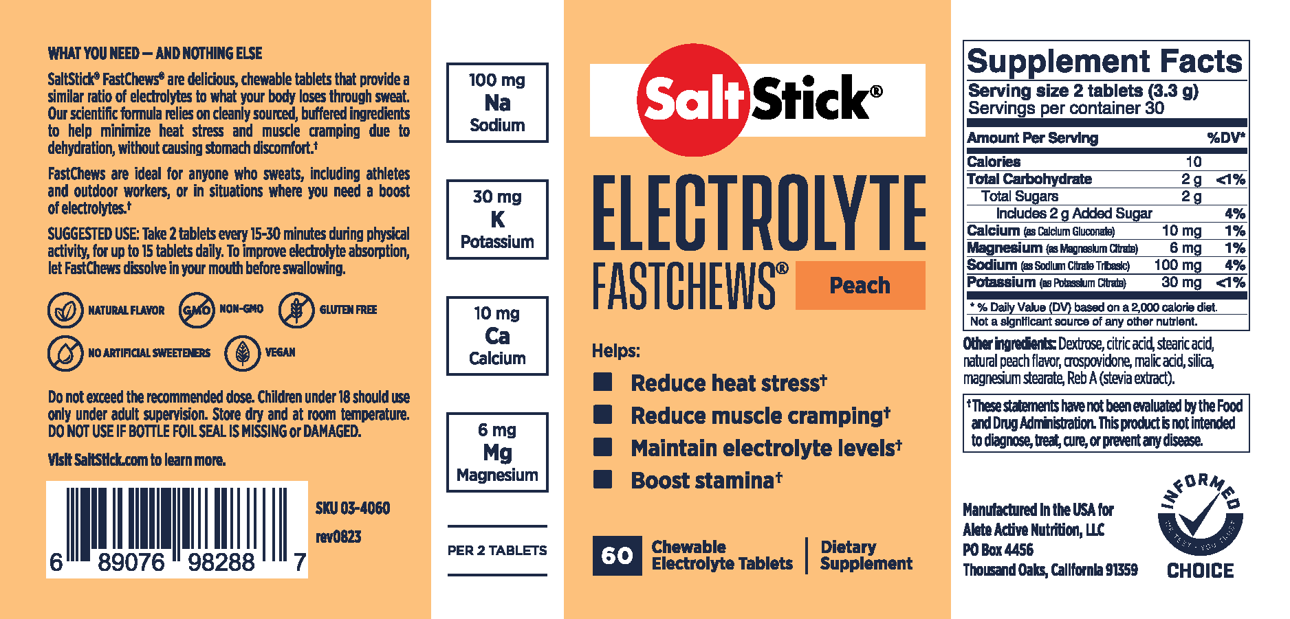 SaltStick FastChews Chewable Electrolyte Tablets Peach Label