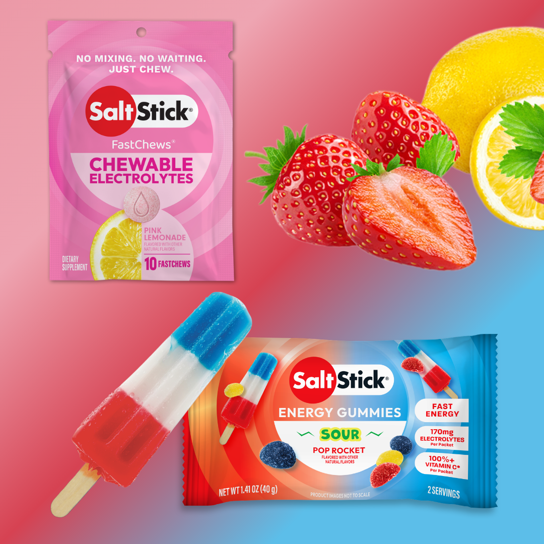 SaltStick chewable electrolytes, energy gummies, and lemon slices on a pink and blue gradient background