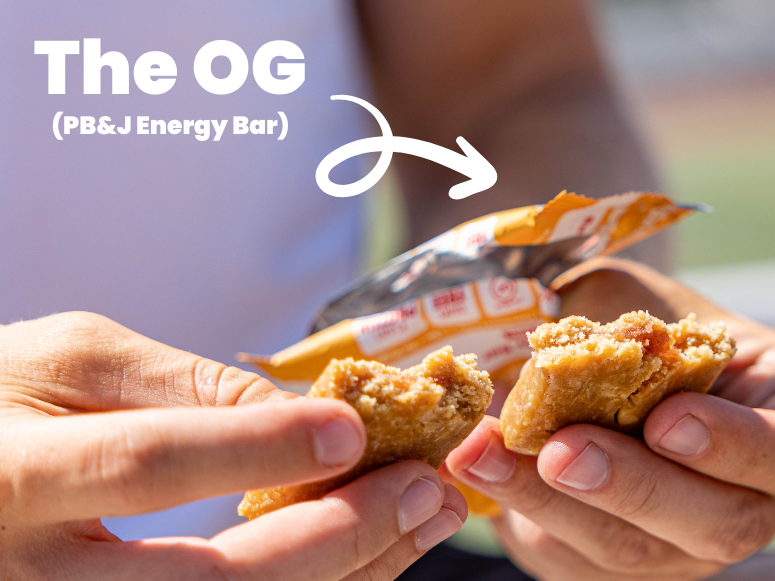 "The OG" with arrow pointing to someone breaking open a PB&J energy bar