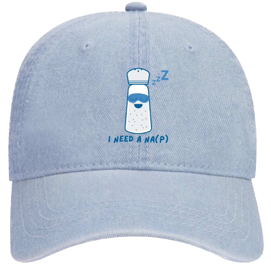 Vitassium hat showing Dash napping with caption "I NEED A NA(P)"