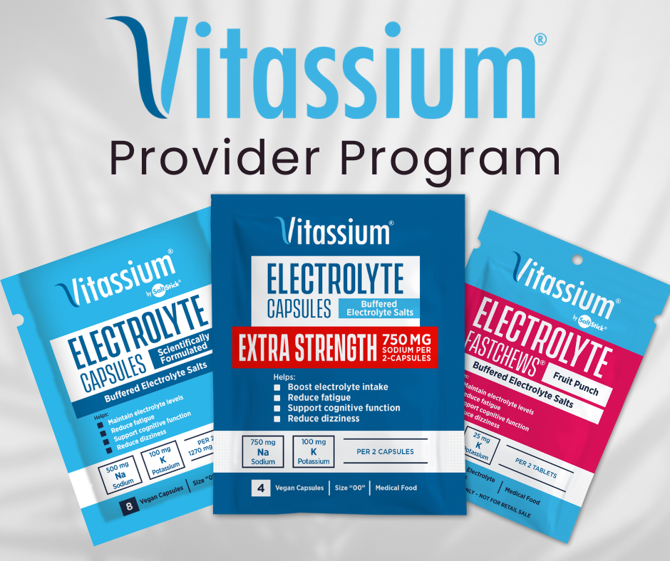 Photo with the heading Vitassium Provider Program with a Vitassium Capsules, a Vitassium Extra Strength and a Vitassium Fruit Punch FastChews packet underneath.