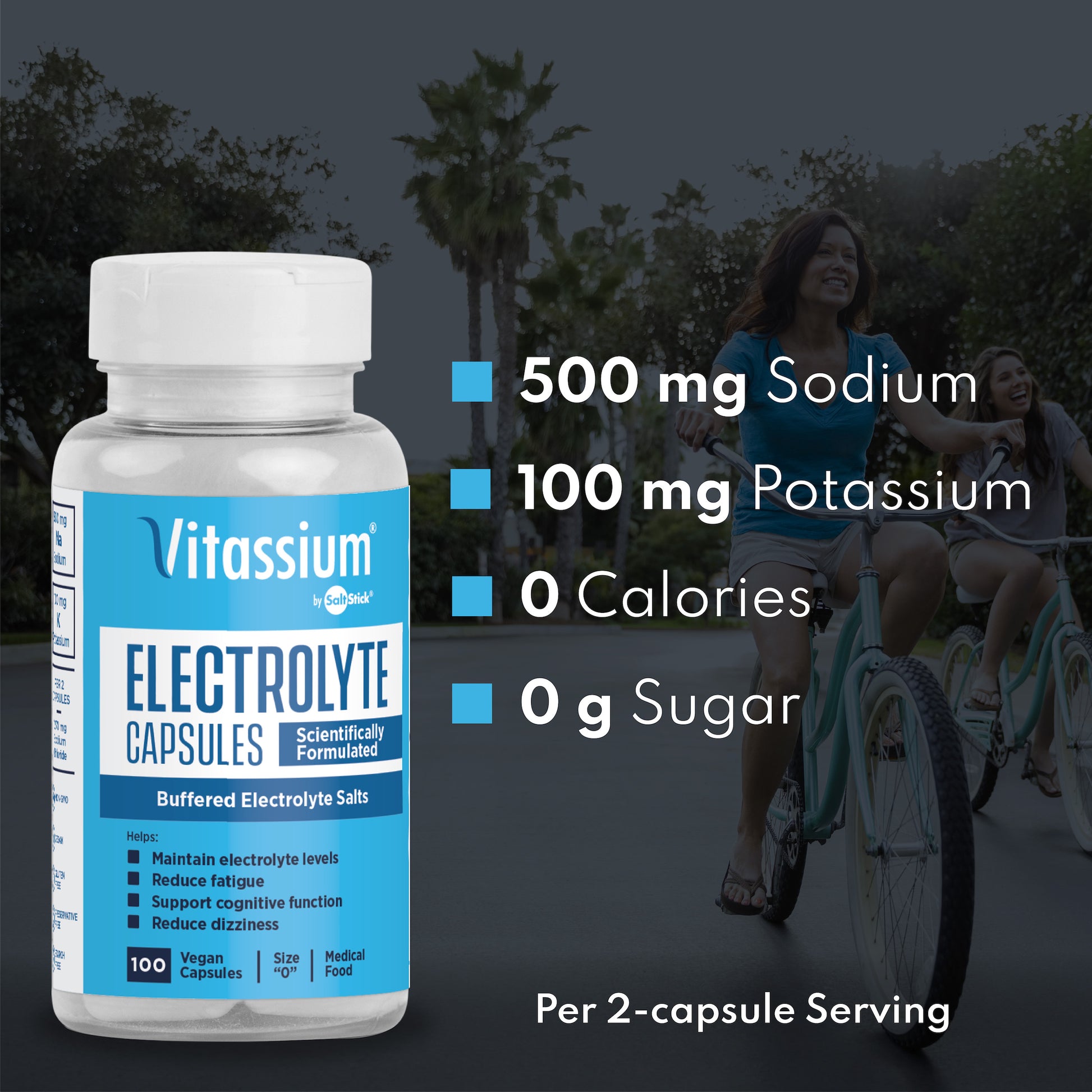 Vitassium contains 500gm of sodium, 100mg of potassium, 0 calories, and 0g of sugar per 2-capsule serving.